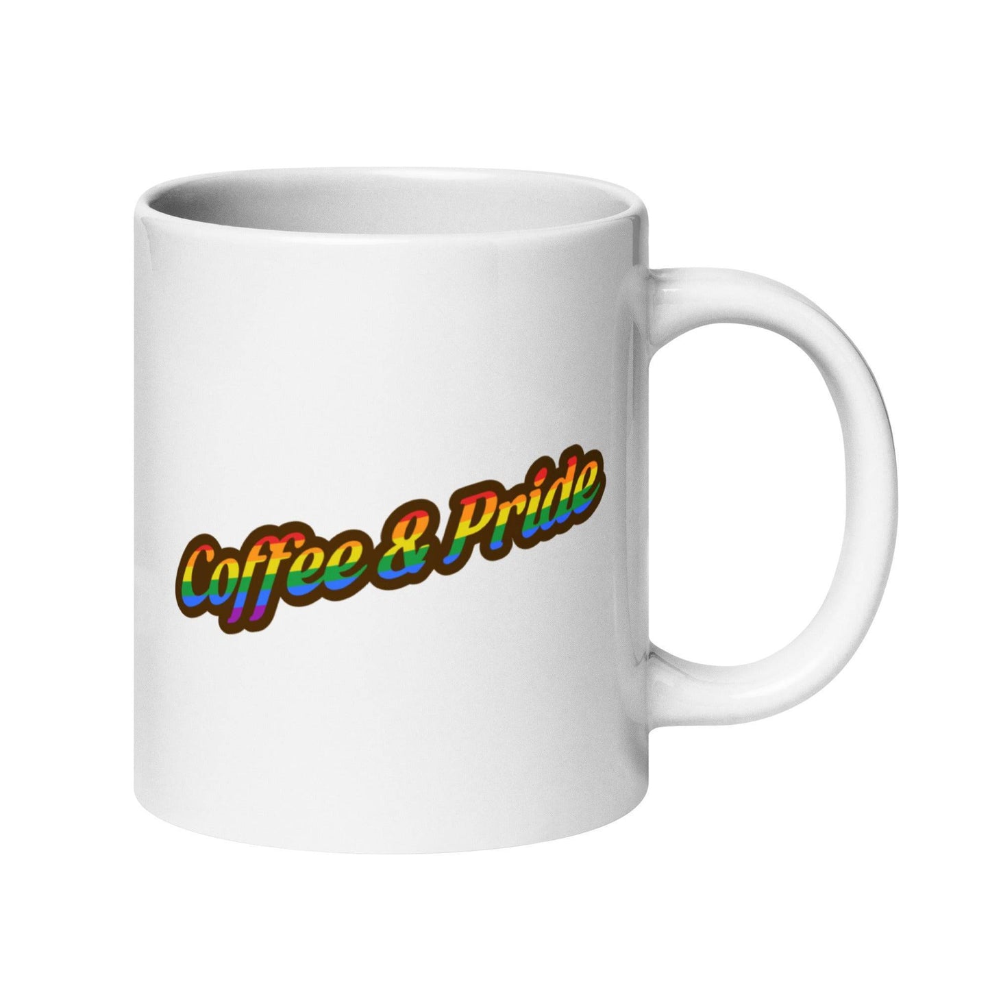 The Coffee & Pride Mug by Pridelity showcases the words "Coffee & Pride" in vibrant rainbow-gradient lettering diagonally across its white surface, maintaining a simple and elegant background.