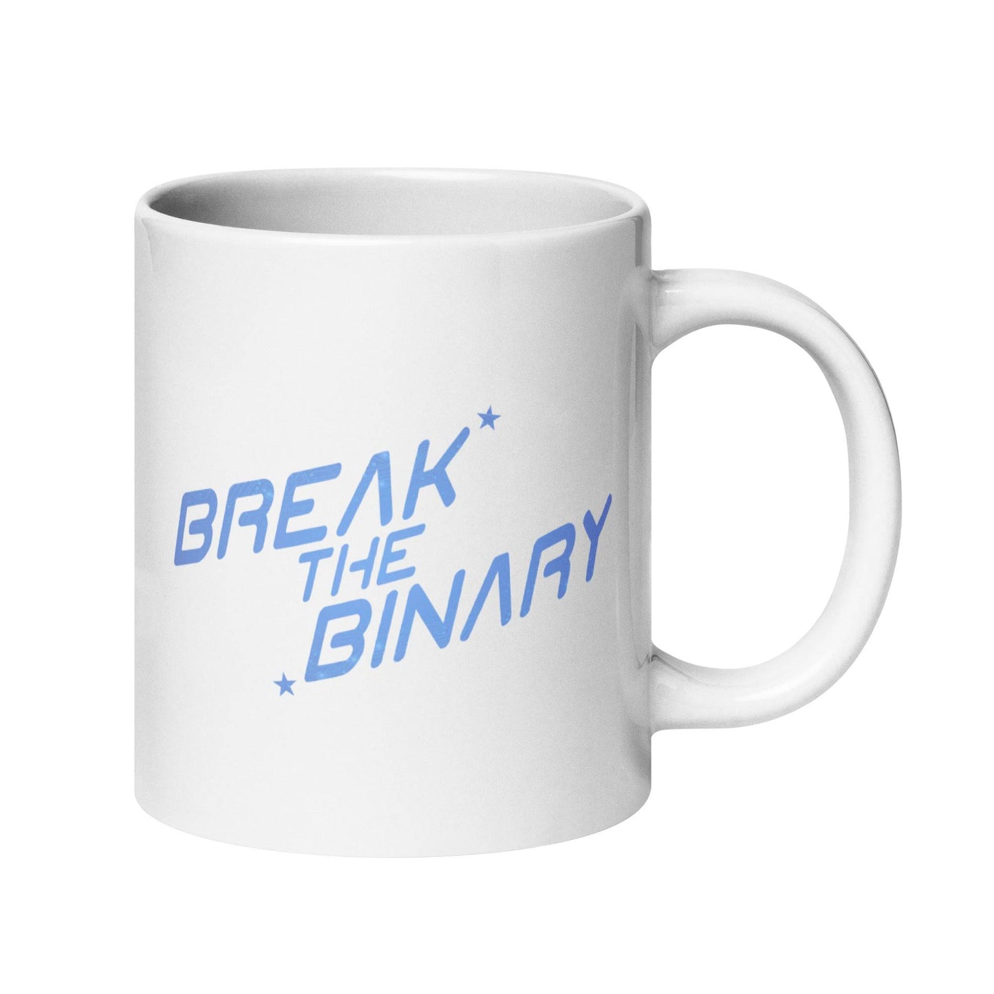 The Break The Binary Mug by Pridelity features light blue text with the words "Break the Binary" in a bold, stylized font and is part of our exclusive Pride Collections.