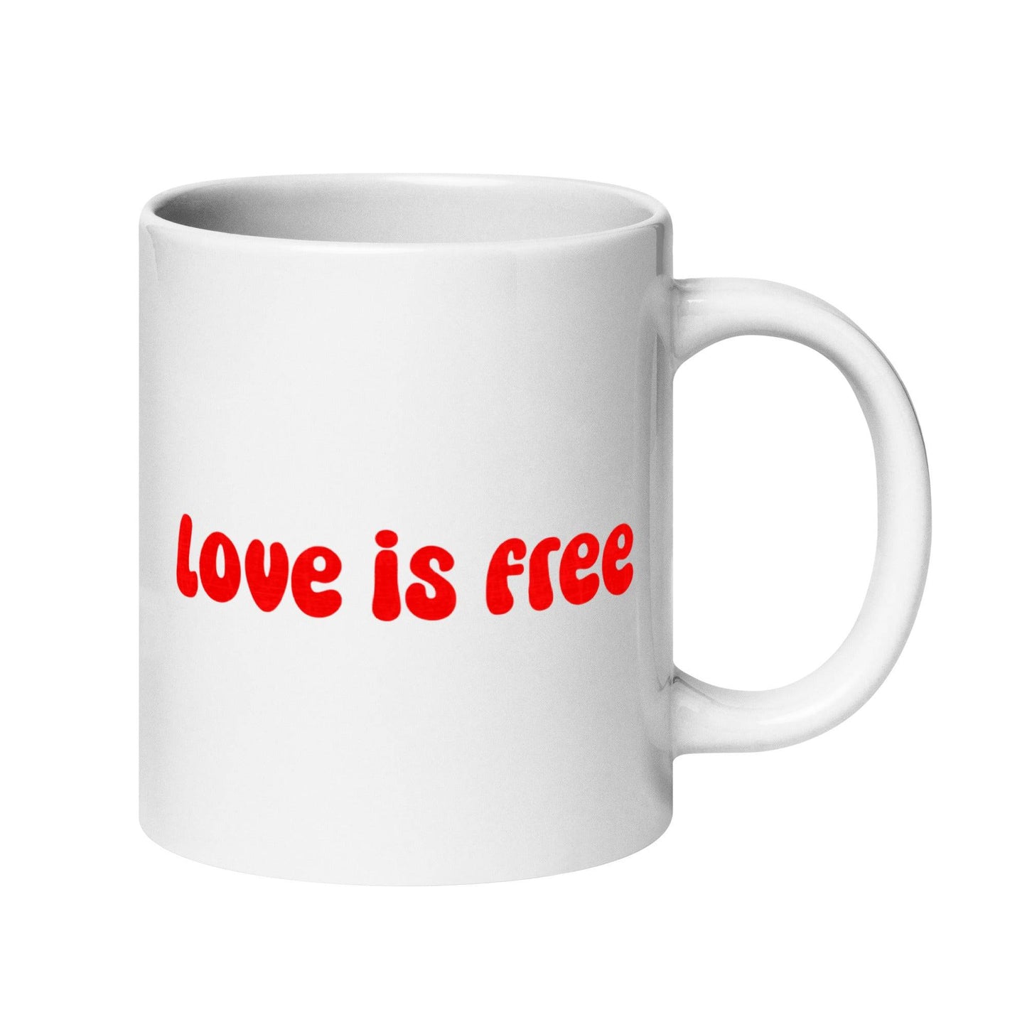 Introducing the "Love Is Free Mug" from Pridelity's Pride Collections 2025, this white mug showcases a simple design featuring the phrase "love is free" in bold red letters. Celebrating love in all its forms, it comes with a sturdy handle for everyday use.