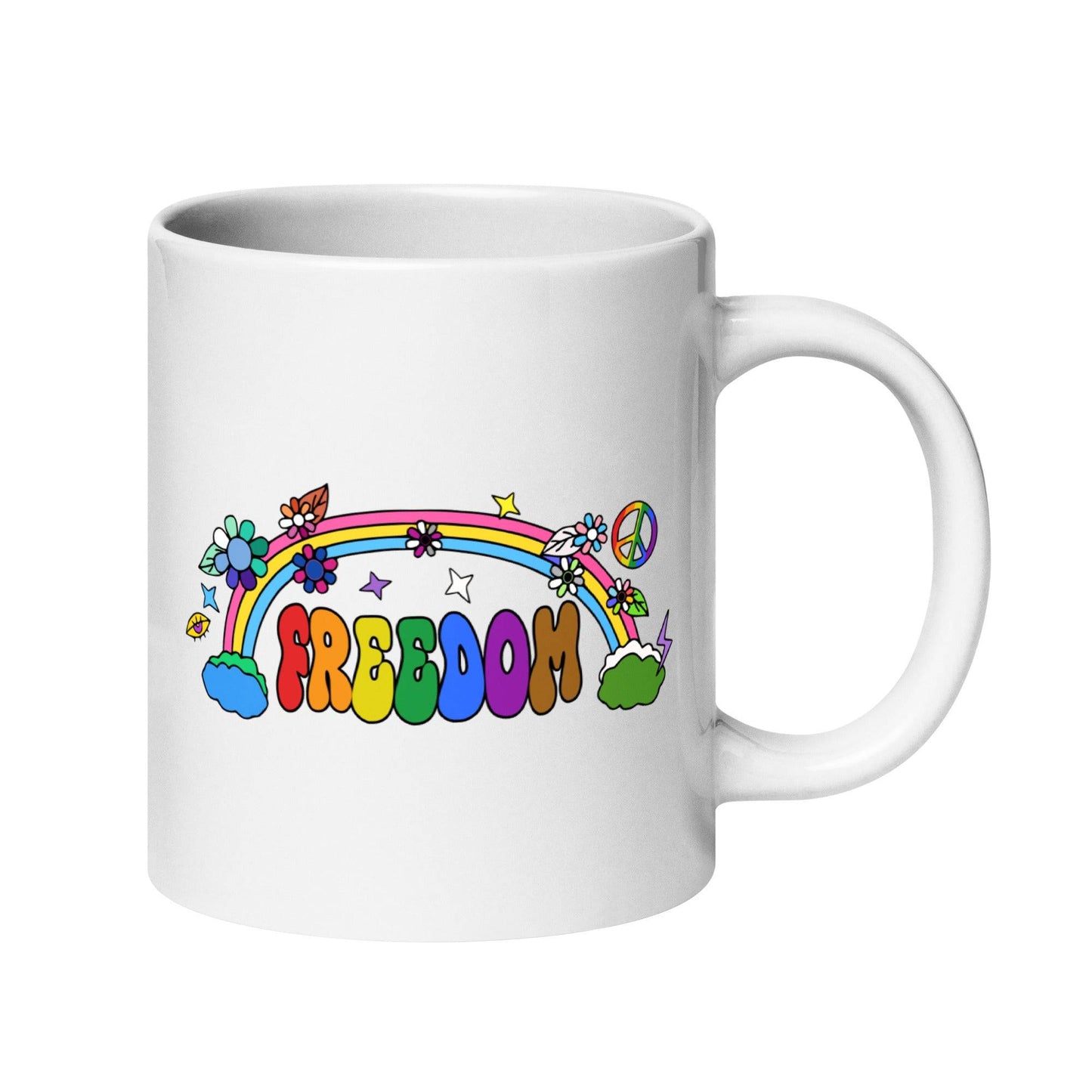 Introducing the Freedom Mug from Pridelity's top Pride Collections 2025, featuring the word "FREEDOM" in vibrant, bold letters. The design is enhanced with a rainbow adorned with flowers, stars, and a peace sign for a lively and playful touch.