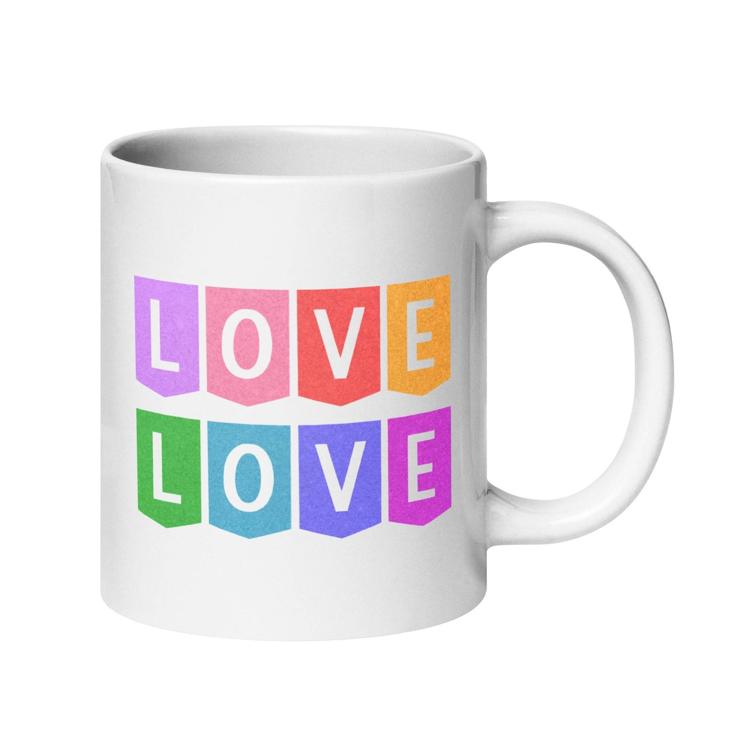 Introducing the Love Love Mug by Pridelity from our Pride Collections 2025, featuring a colorful design with "LOVE" displayed twice in bold capital letters. Each letter is placed on its own vibrant block of color, arranged in two cheerful rows.