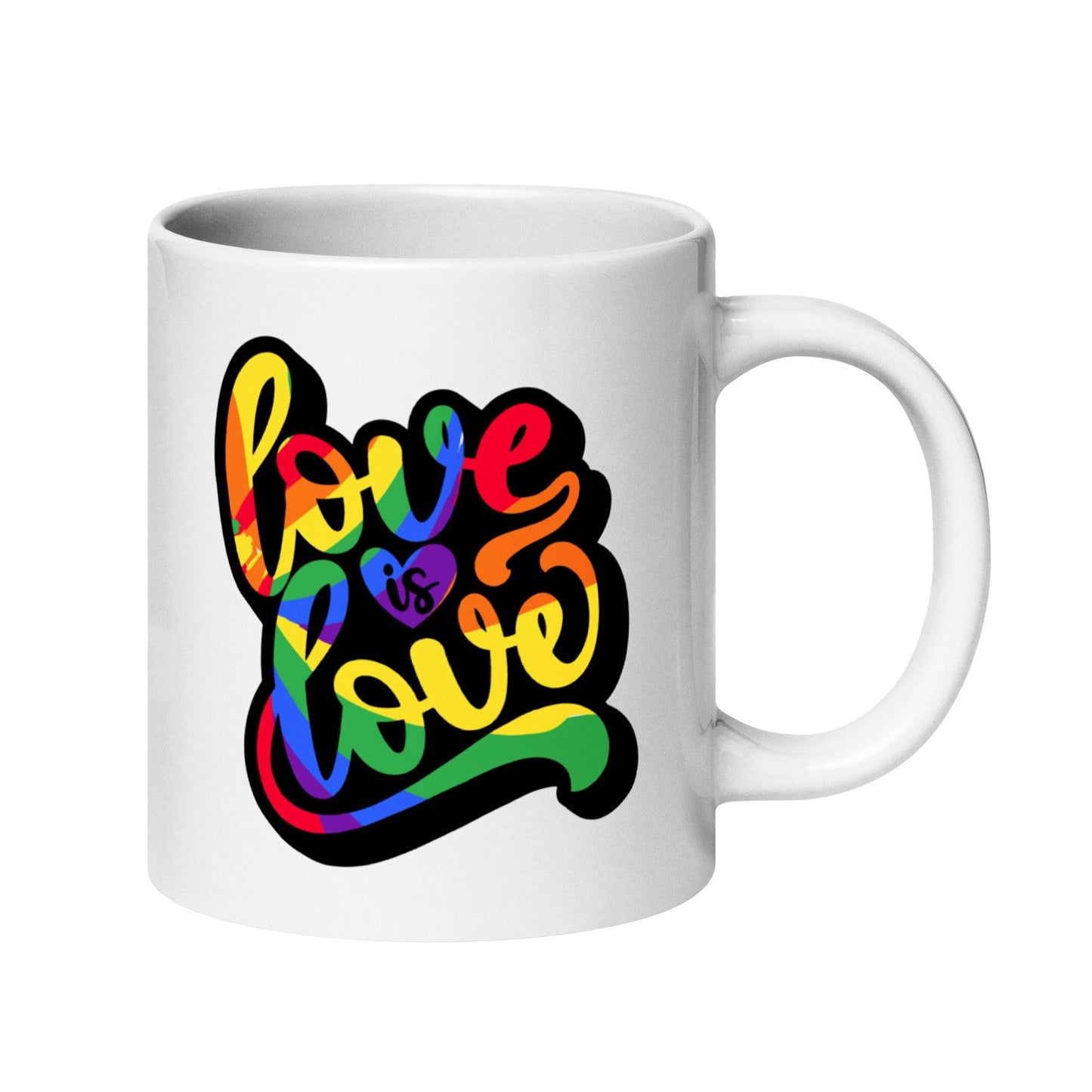 The "Love Is Love Mug" by Pridelity showcases the message "Love is Love" in vibrant, rainbow-themed letters. Celebrating LGBTQ+ pride, this white mug is a part of the Pride Collections 2025 and embodies inclusivity and equality.
