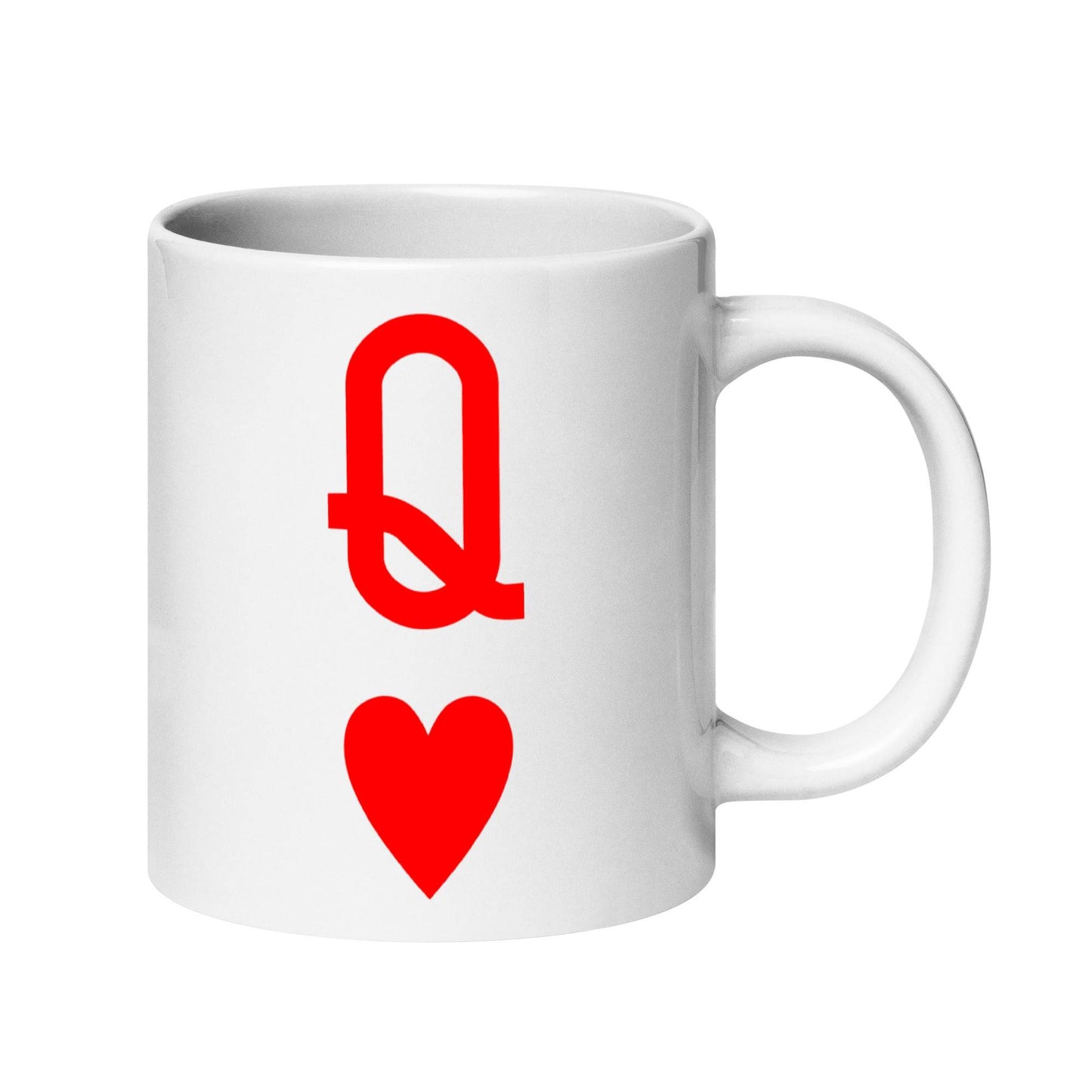 The Queen Of Hearts Mug by Pridelity showcases a white mug with a red "Q" above a red heart symbol, and it is part of the Pride Collections 2025.