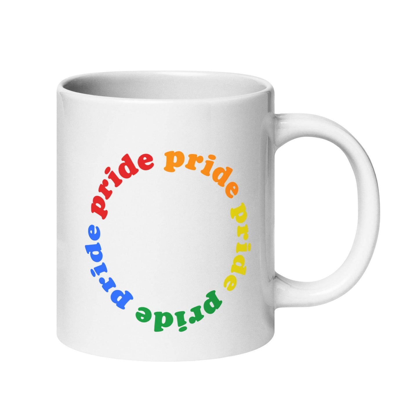 Pride Circle Mug by Pridelity from the Pride Collections 2025, showcasing the word "pride" in a lively and colorful circular design. This pattern includes shades of red, orange, yellow, green, and blue to symbolize diversity and inclusivity.