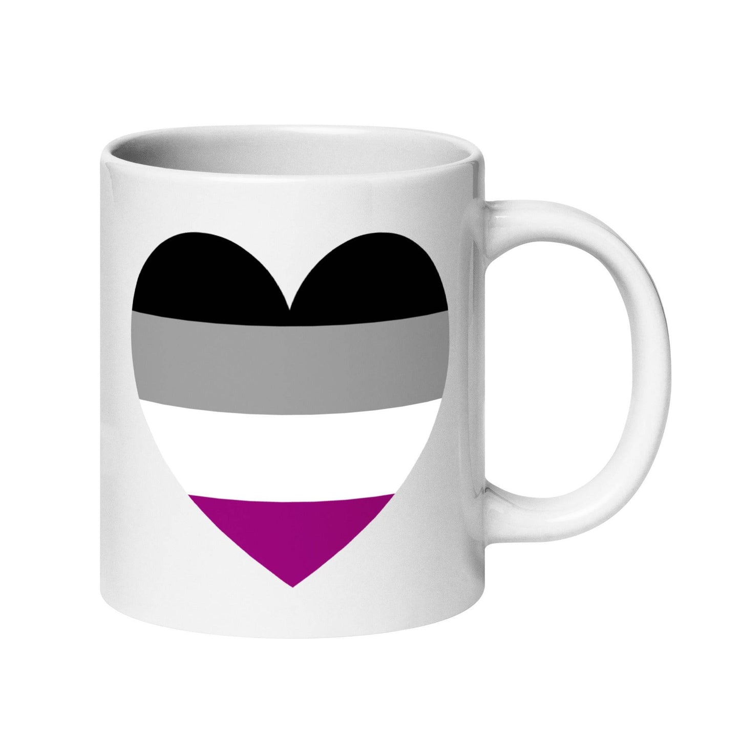 The Asexual Heart Mug by Pridelity, part of our Pride Collections, showcases a design with an upside-down black heart, a gray stripe, and an upright purple heart.