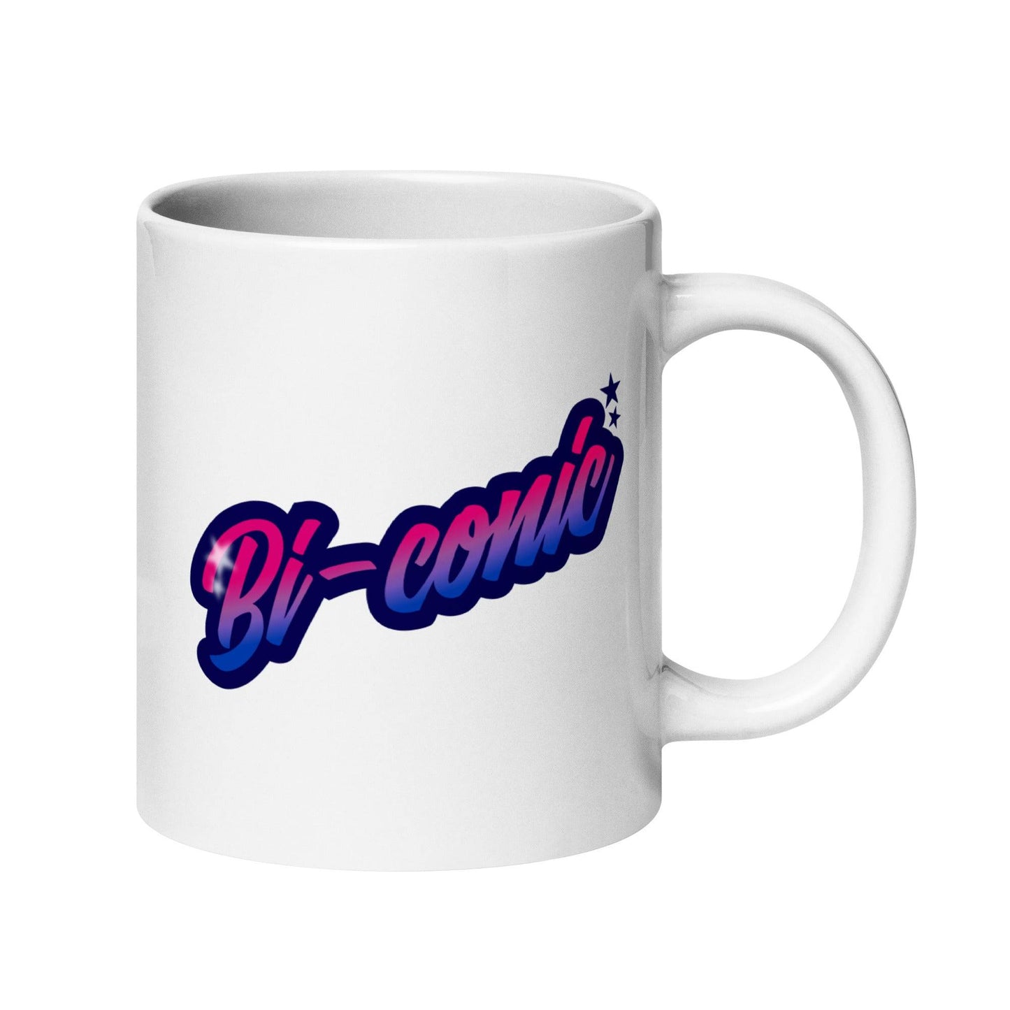 The Bi-Conic Mug from Pridelity's Pride Merch collection showcases the word "Bi-conic" in bold, stylized lettering with a pink-to-blue gradient. Two small star accents add a delightful touch near the text, embracing identity and inclusivity.
