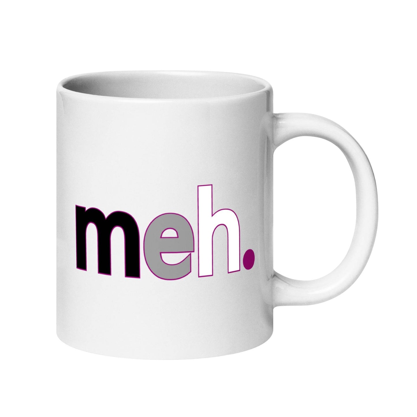 A white mug by Pridelity from the Pride Collections 2025, featuring "meh." in bold black and purple text on the side.