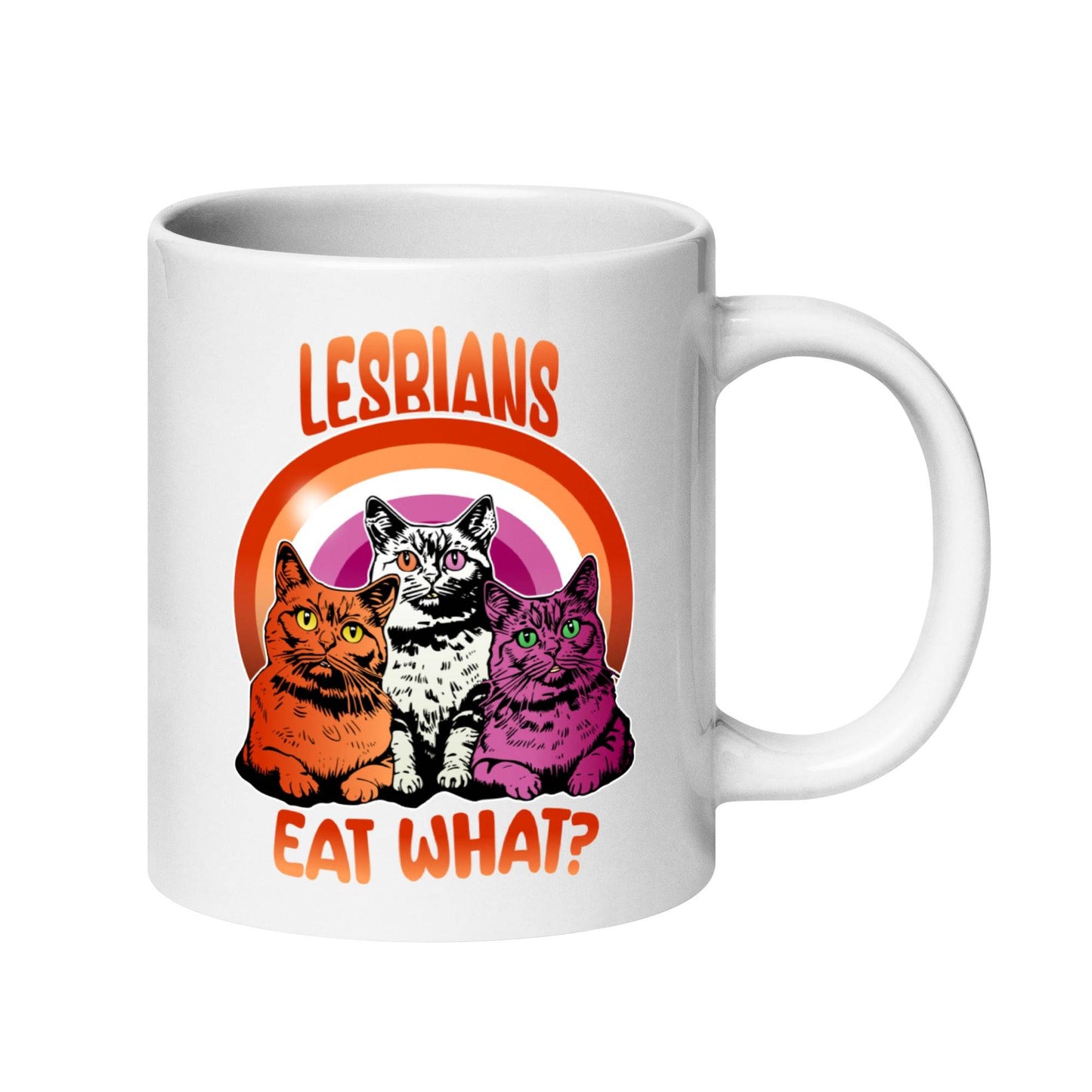 As part of Pridelity's finest Pride Collections 2025, the Lesbians Eat What Mug features a vibrant design with three colorful cats. The playful artwork is complemented by bold, retro-style orange text reading "LESBIANS" at the top and "EAT WHAT?" at the bottom, adding an extra layer of charm.