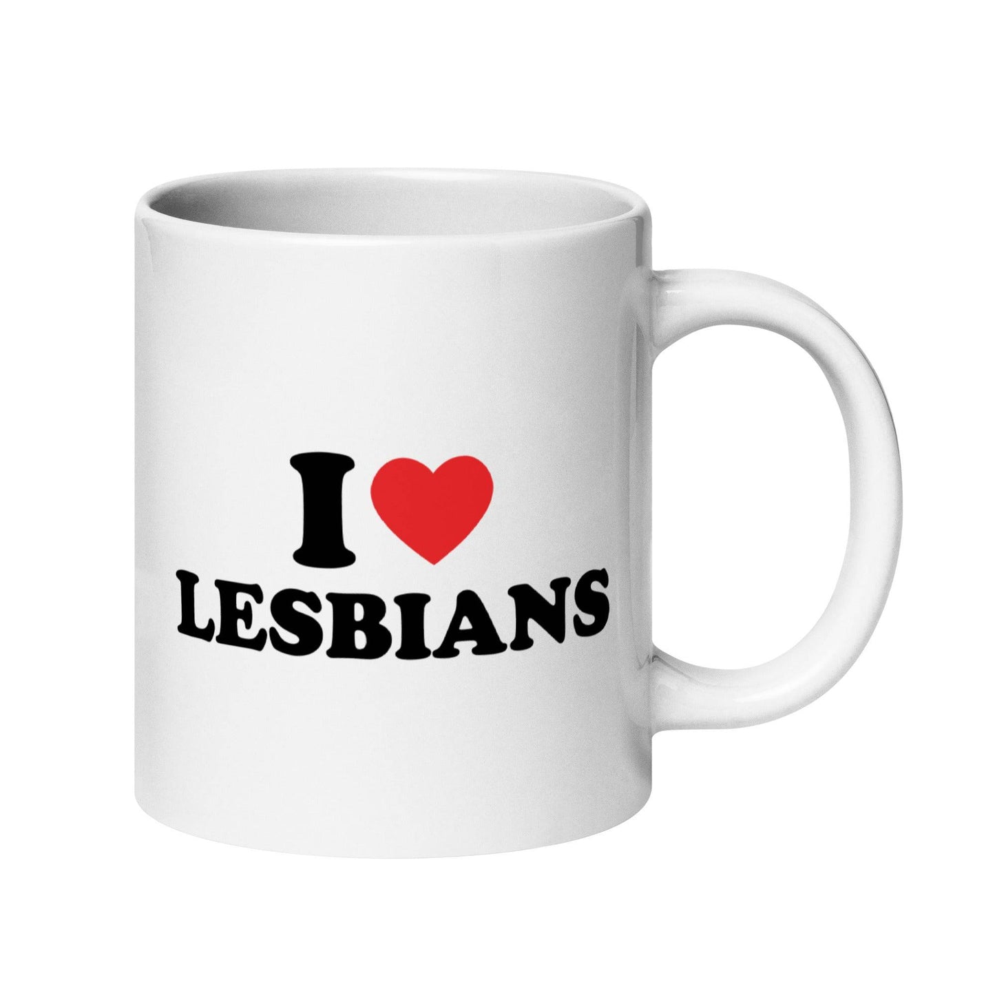 White mug featuring the bold text "I ♥ LESBIANS" in striking black letters, a standout piece from Pridelity's best pride collections of 2025.