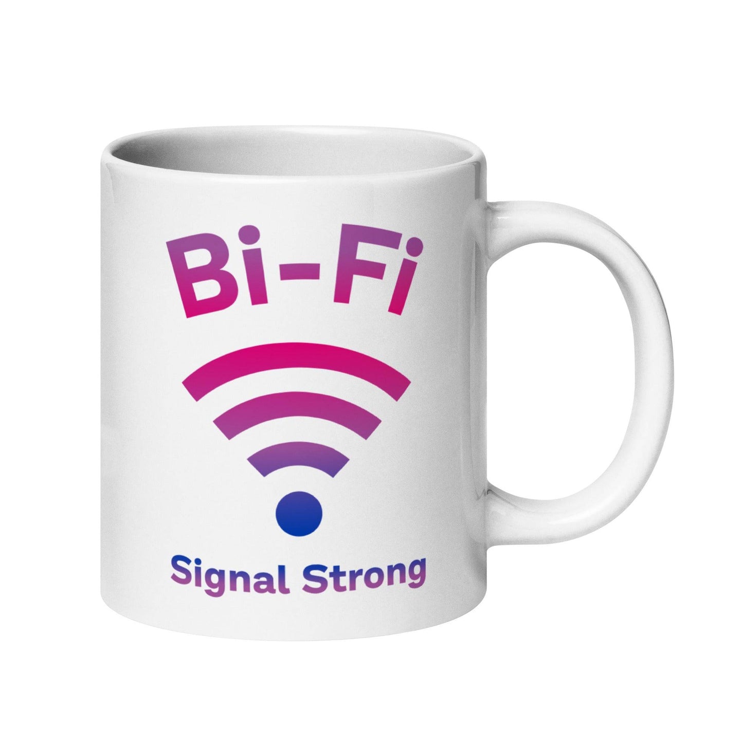 The Bi-Fi Mug by Pridelity showcases the text "Bi-Fi" in bold on a white surface, accompanied by a purple and pink Wi-Fi symbol with "Signal Strong" written beneath it. As part of our Pride Merch, this design creatively merges "bi" and "Wi-Fi" elements, offering a fun addition to your Pride Collections.