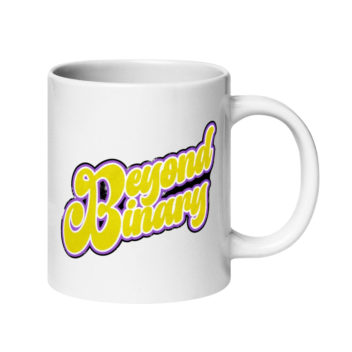 Introducing the Beyond Binary Mug from Pridelity, featuring bold, retro-style lettering with the phrase "Beyond Binary." This exclusive piece from our Pride Collections showcases non-binary gender identity themes with its striking yellow text outlined in purple.