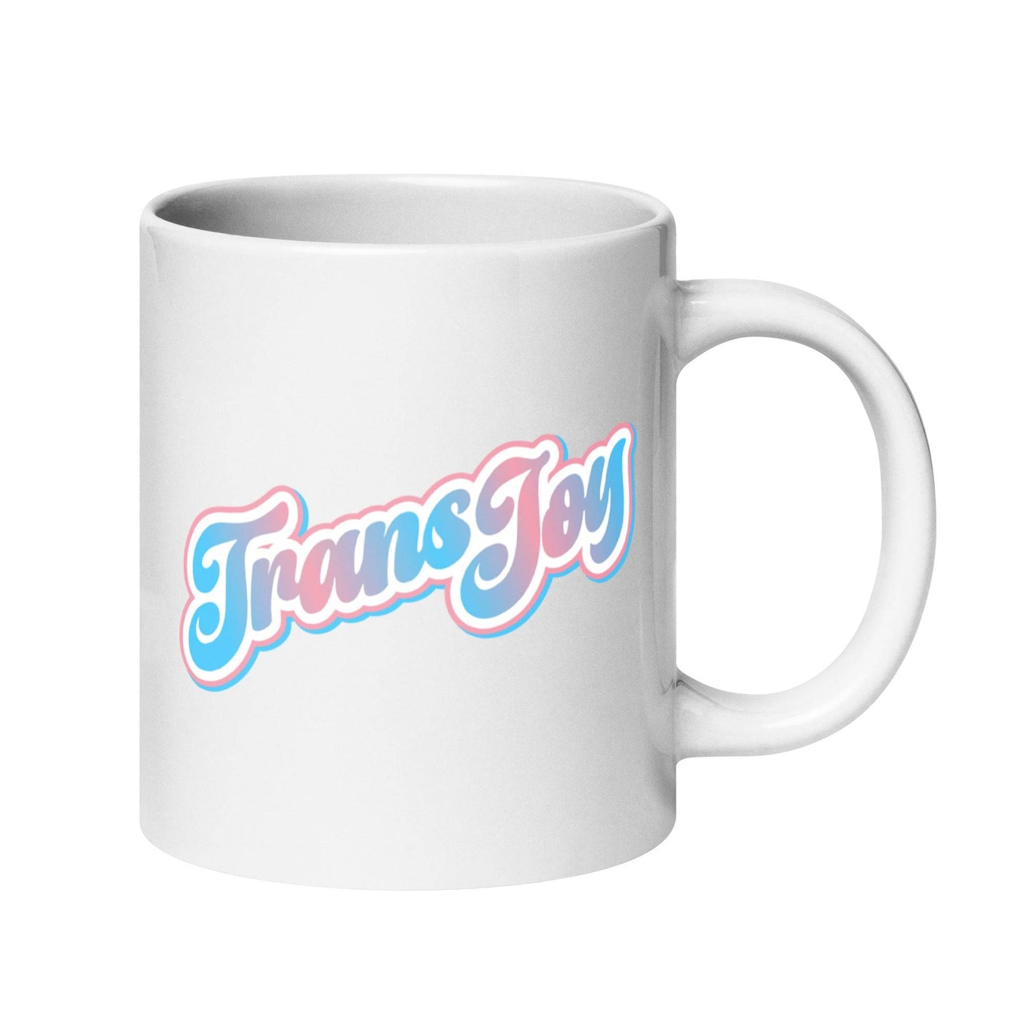The "Trans Joy Mug" from Pridelity's Pride Collection 2025 features the text "Trans Joy" in blue and pink cursive letters with a shadow effect against a plain white background.