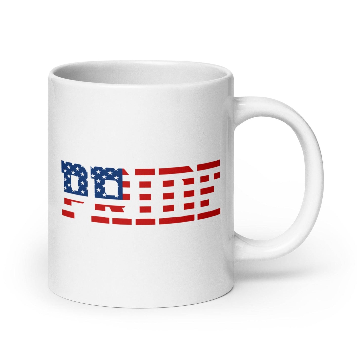 The American Pride Mug from Pridelity's Pride Collection showcases the word "PRIDE" in bold with an American flag design, elegantly incorporating blue and red stars and stripes.