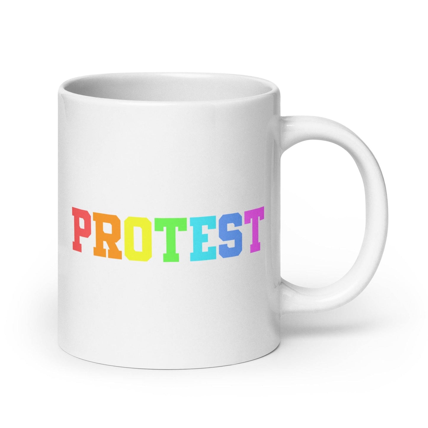 The Protest Mug by Pridelity from the Pride Collections 2025 features the word "PROTEST" in bold, capital letters. The gradient rainbow design elegantly transitions from red to purple, celebrating diversity and equality.
