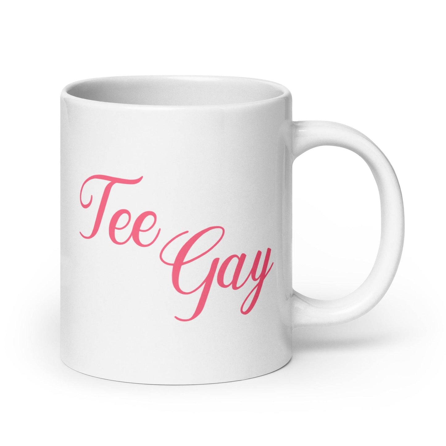 High-quality white mug featuring 'Tee Gay' in pink cursive font, a fun and bold addition to any pride-themed drinkware collection.
