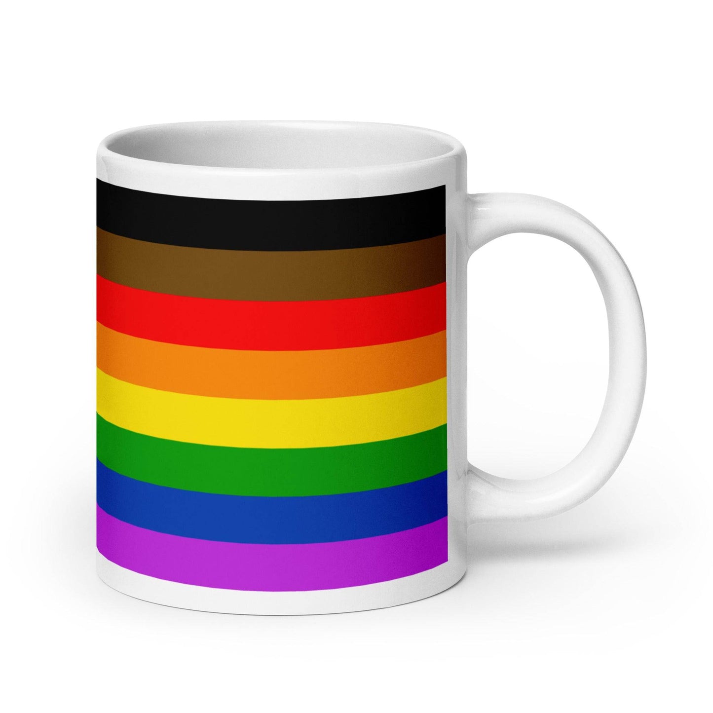 High-quality Philadelphia Pride Mug showcasing colorful rainbow stripes with black and brown, celebrating diversity and pride in every sip.