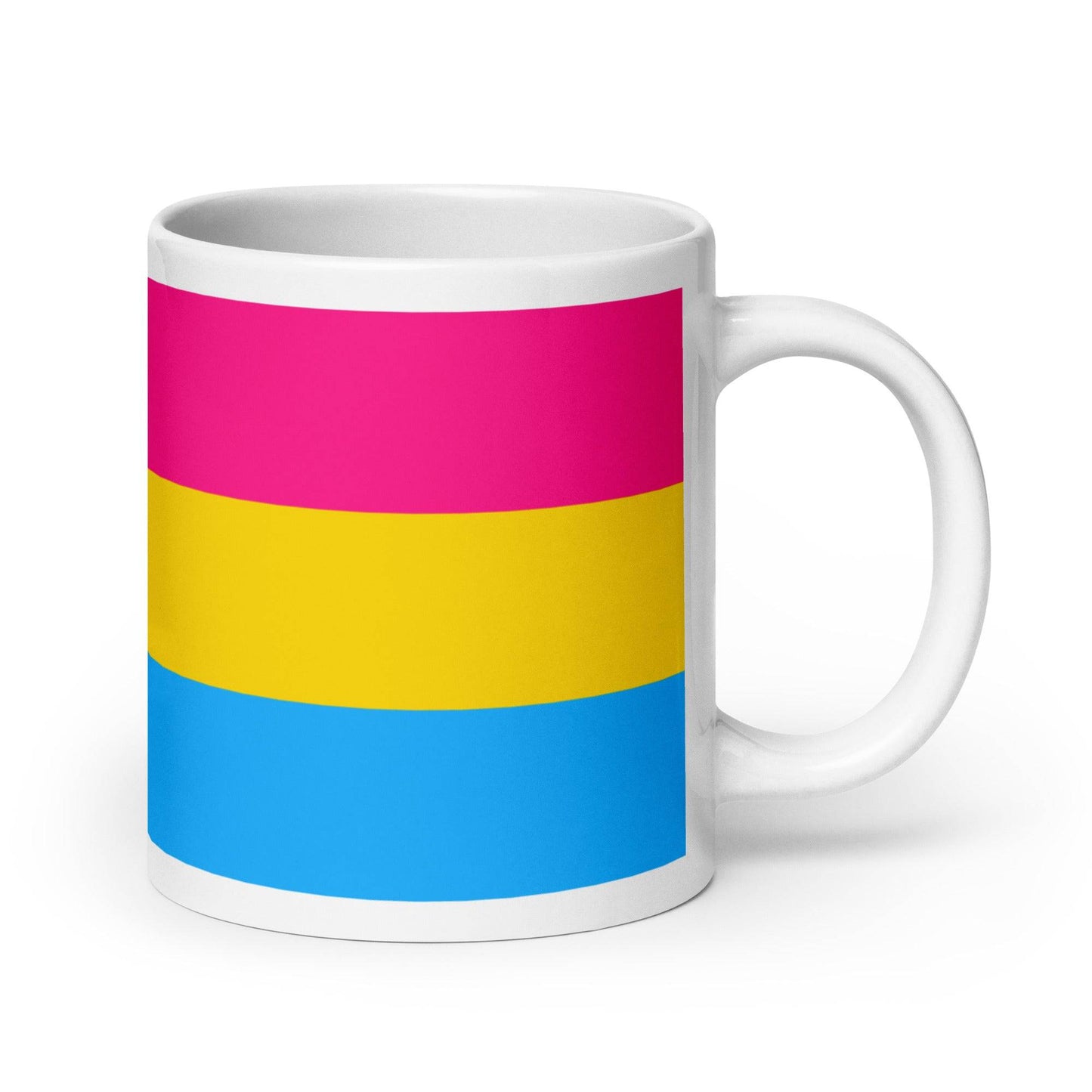 Colorful Pan Pride Mug with bold pink, yellow, and blue stripes. A stylish addition to your drinkware collection for pride celebration.