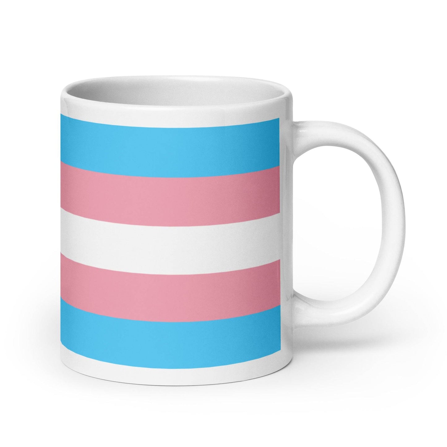 Ceramic Transgender Pride Mug with vibrant pastel blue, pink, and white stripes. Perfect for coffee or tea lovers celebrating pride.