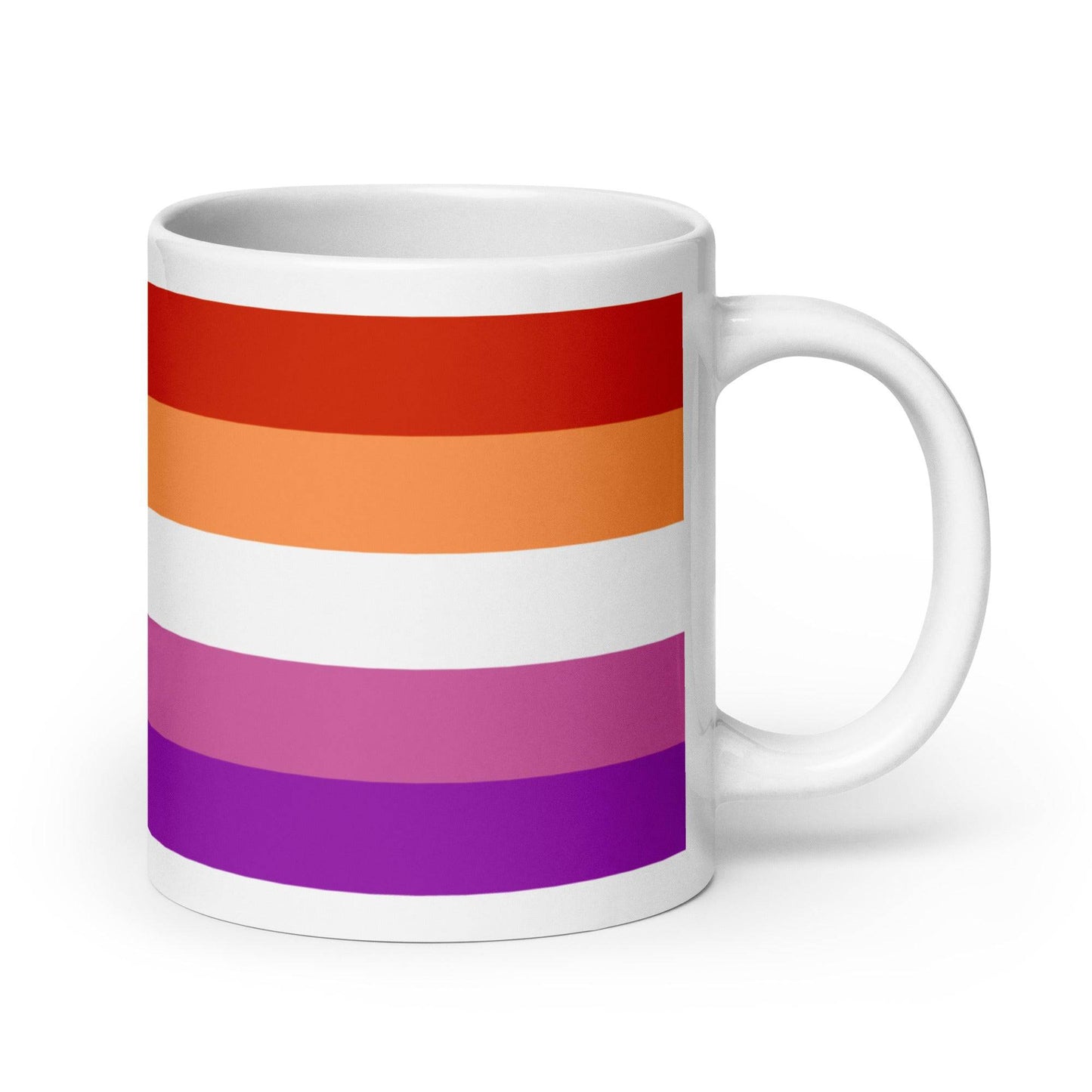 Colorful Lesbian Pride Mug with bold horizontal stripes in red, orange, white, pink, and purple. Ideal for coffee or tea lovers.