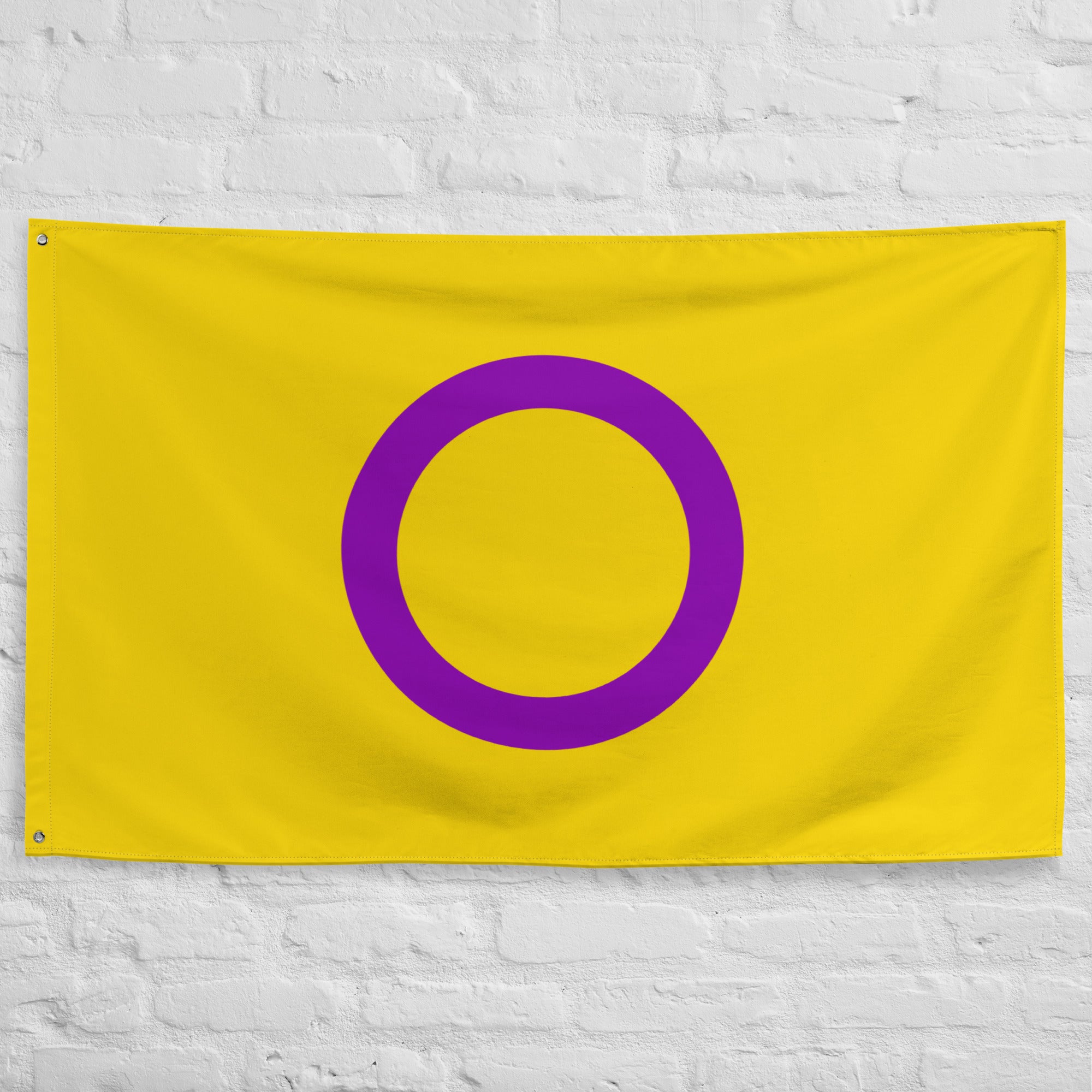 The Intersex Pride Flag by Pridelity, featuring a yellow design with a prominent purple circle at its center, displayed against a white brick wall, brings an energetic burst of color that evokes the joyful atmosphere of a rainbow-themed store.