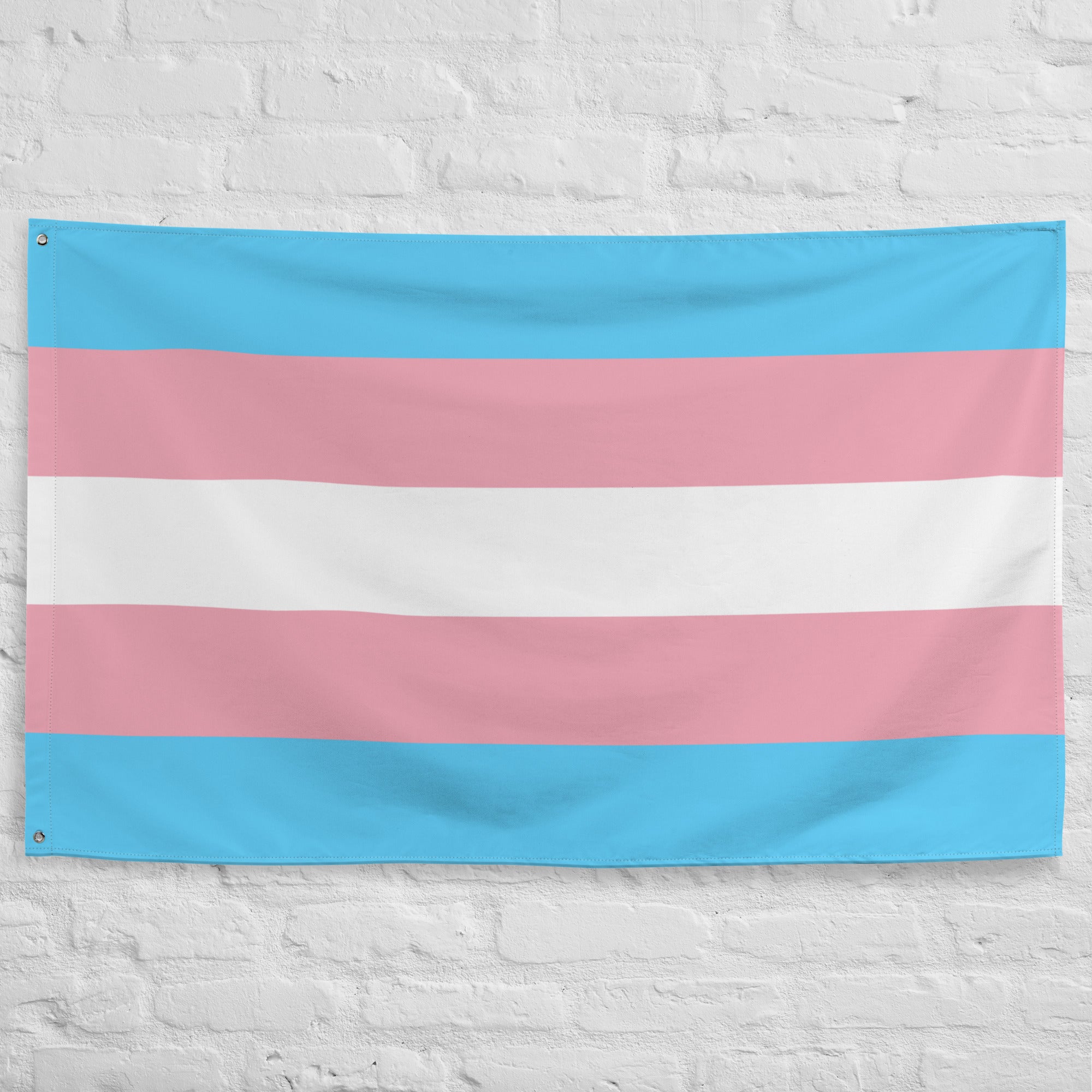 A Transgender Pride Flag from Pridelity adds an elegant touch to the white brick wall, with its design showcasing five horizontal stripes of light blue, pink, white, pink, and light blue.