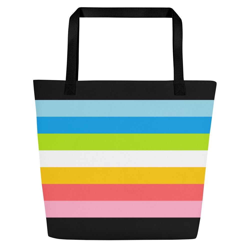 Explore the Queer Pride Bag from Pridelity, showcasing horizontal stripes in black, blue, green, lime, yellow, white, pink, and peach. With its black handles and stylish design, this vibrant accessory is ideal for adding a splash of color to any ensemble.