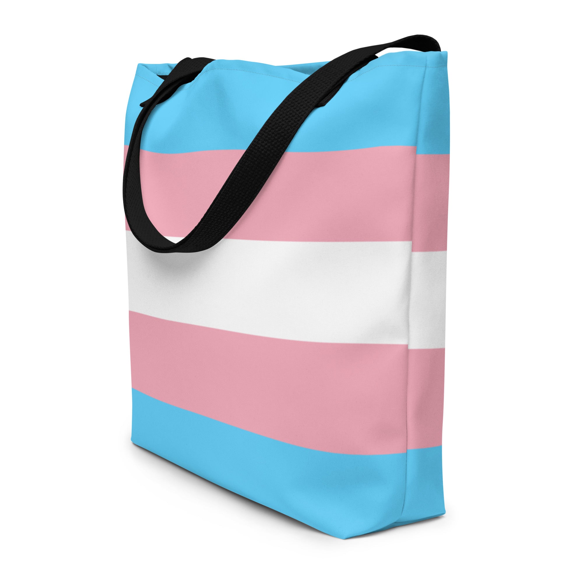 Introducing the Transgender Pride Bag by Pridelity, featuring horizontal pastel blue, pink, and white stripes of the transgender pride flag. The sleek black handles provide a striking contrast, making it a standout accessory for any visit to your favorite rainbow store.