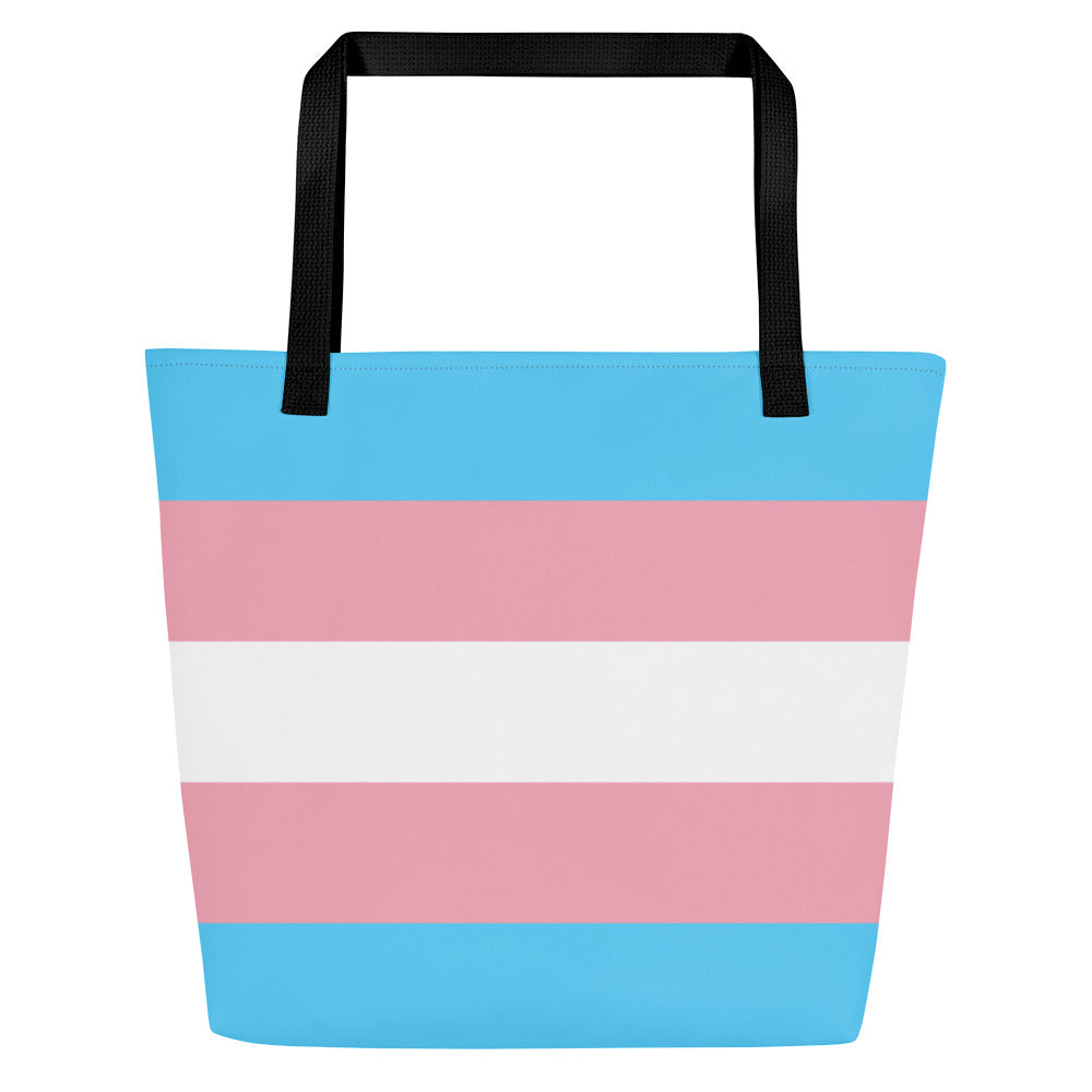 Introducing the Transgender Pride Bag by Pridelity, featuring horizontal pastel blue, pink, and white stripes of the transgender pride flag. The sleek black handles provide a striking contrast, making it a standout accessory for any visit to your favorite rainbow store.