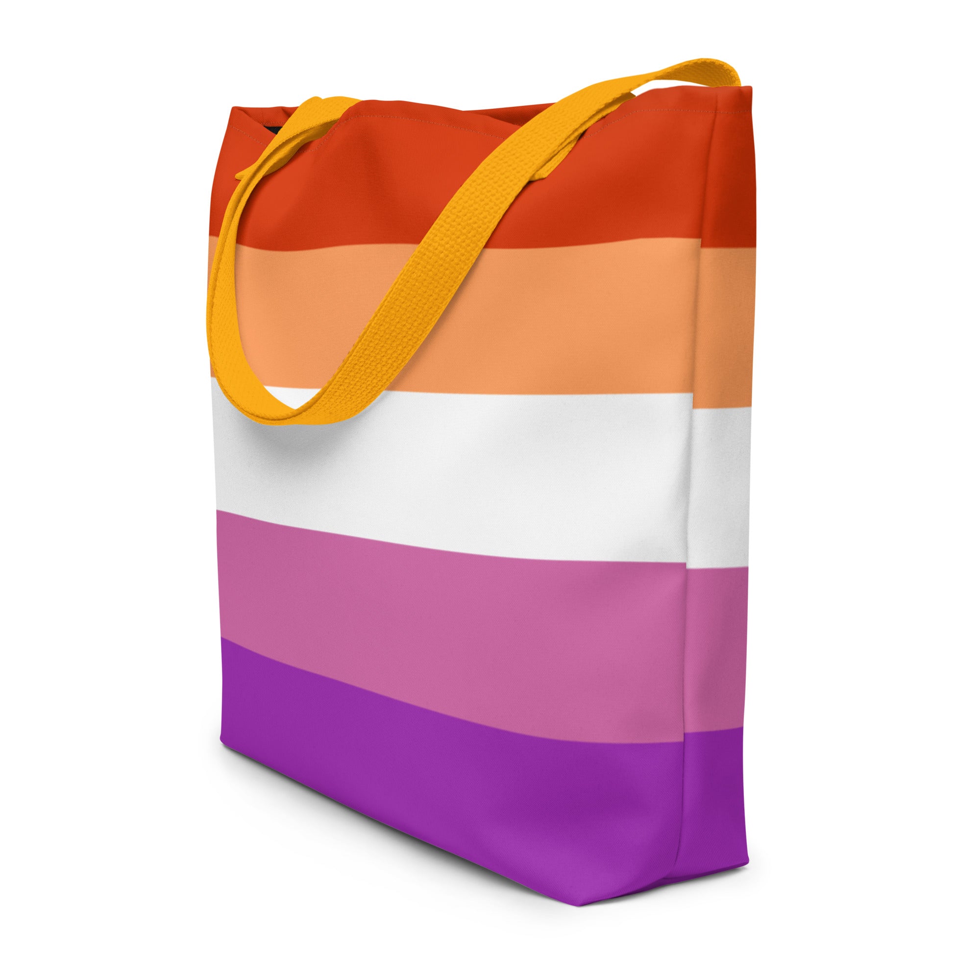 Uncover the lively allure of Pridelity's Lesbian Pride Bag, available at Rainbowshops. It showcases horizontal stripes in red, orange, white, pink, and purple with a sunny yellow handle—a perfect fusion of style and color.