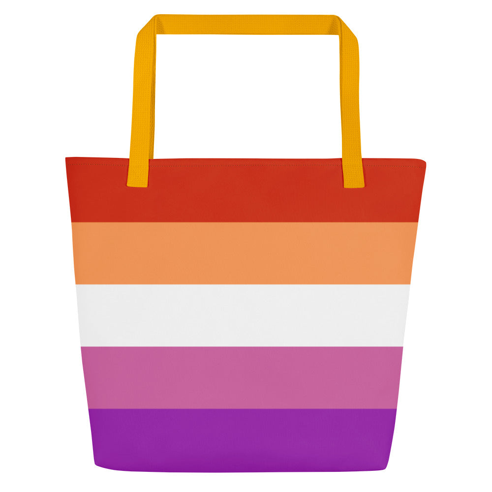 Uncover the lively allure of Pridelity's Lesbian Pride Bag, available at Rainbowshops. It showcases horizontal stripes in red, orange, white, pink, and purple with a sunny yellow handle—a perfect fusion of style and color.