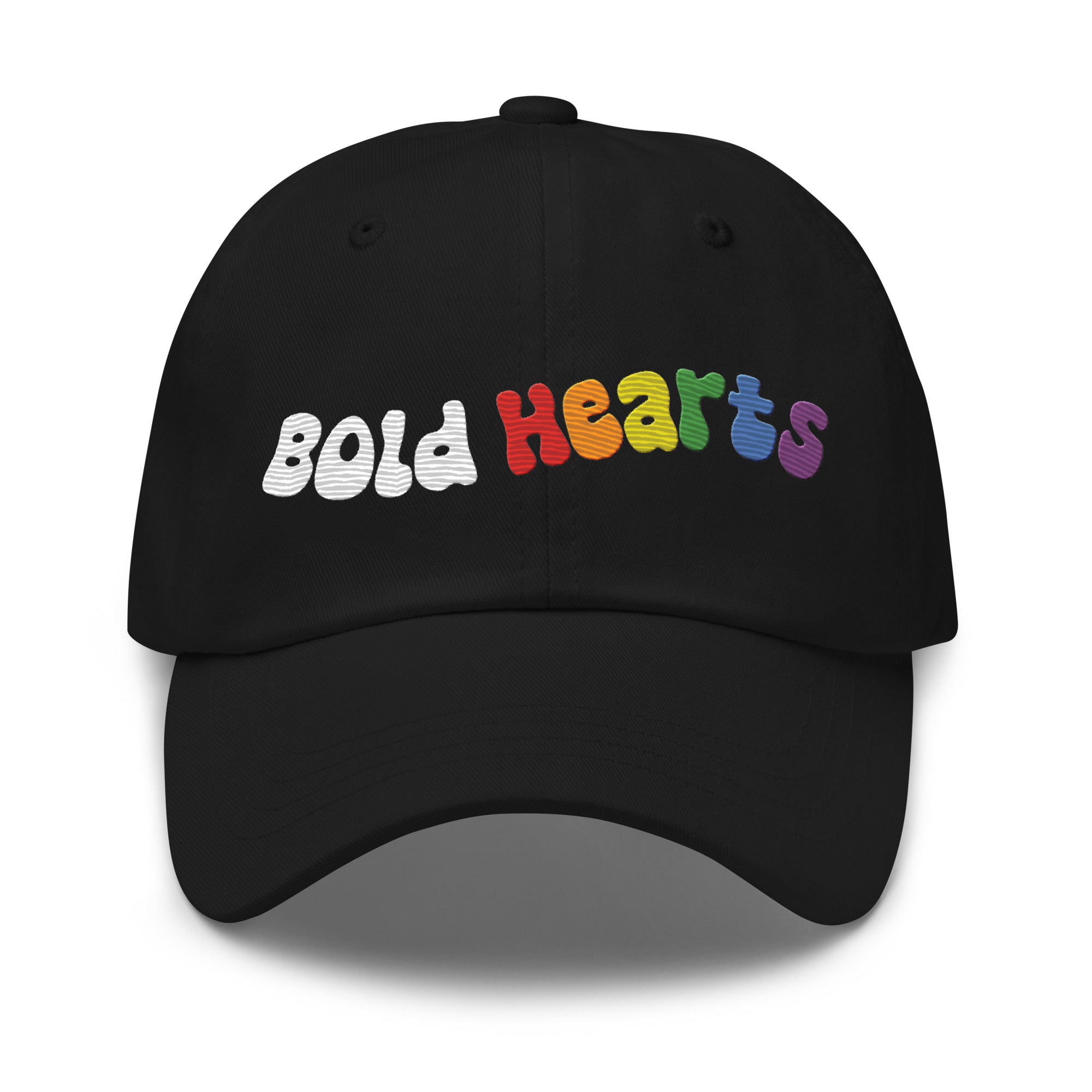 The Bold Hearts Cap by Pridelity, a black baseball cap with 