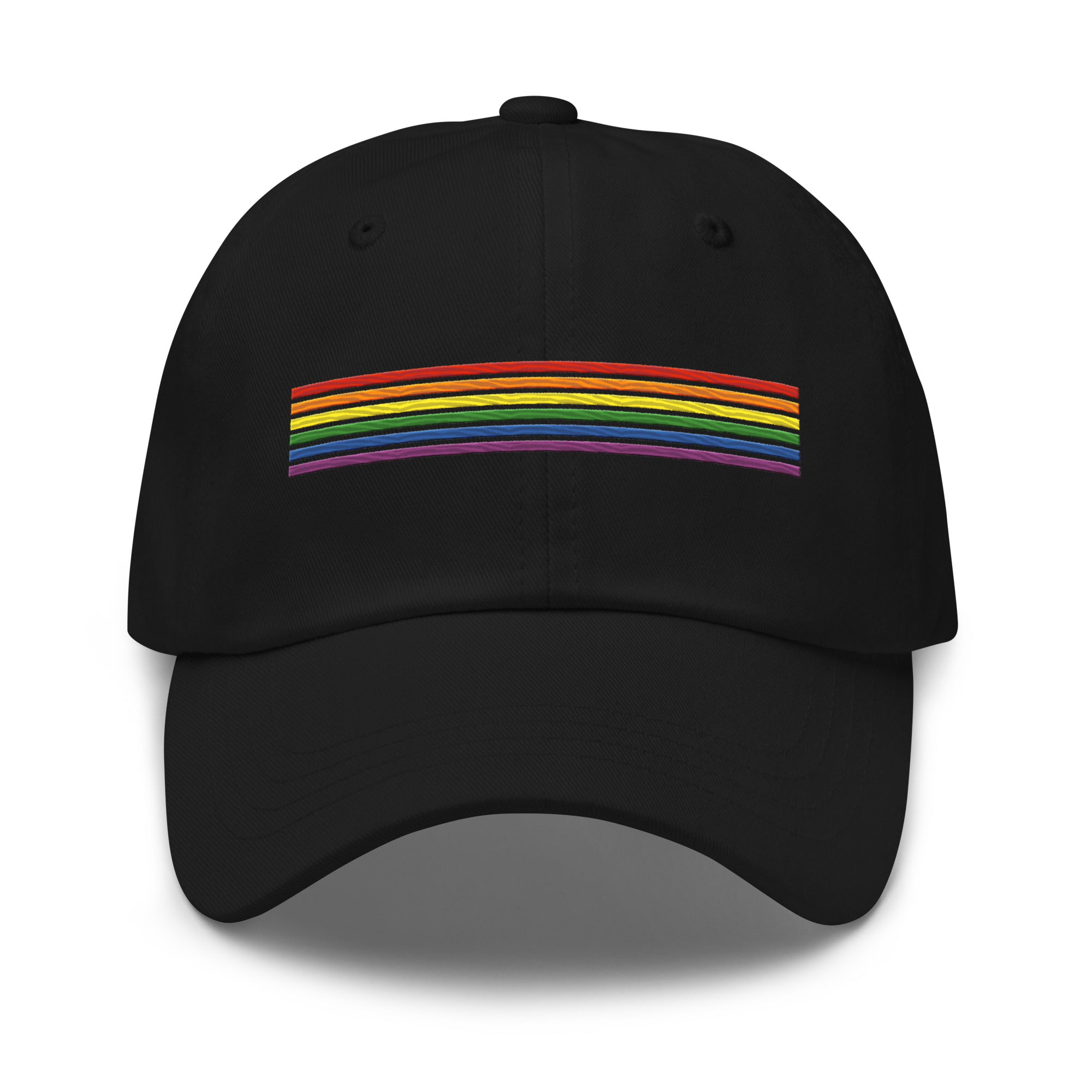 Introducing the Rainbow Stripes Cap by Pridelity: a black baseball cap adorned with a horizontal rainbow stripe, perfect for pride outfits. The vibrant colors pop against the dark fabric, making it a standout piece. Set against a white background, this cap is the ideal accessory to celebrate inclusivity and style.