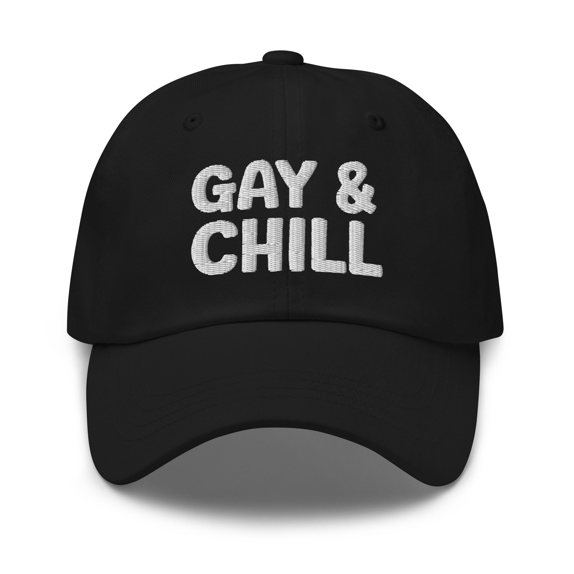 Introducing the Gay & Chill Cap by Pridelity, a black baseball cap ideal for pride outfits, featuring 