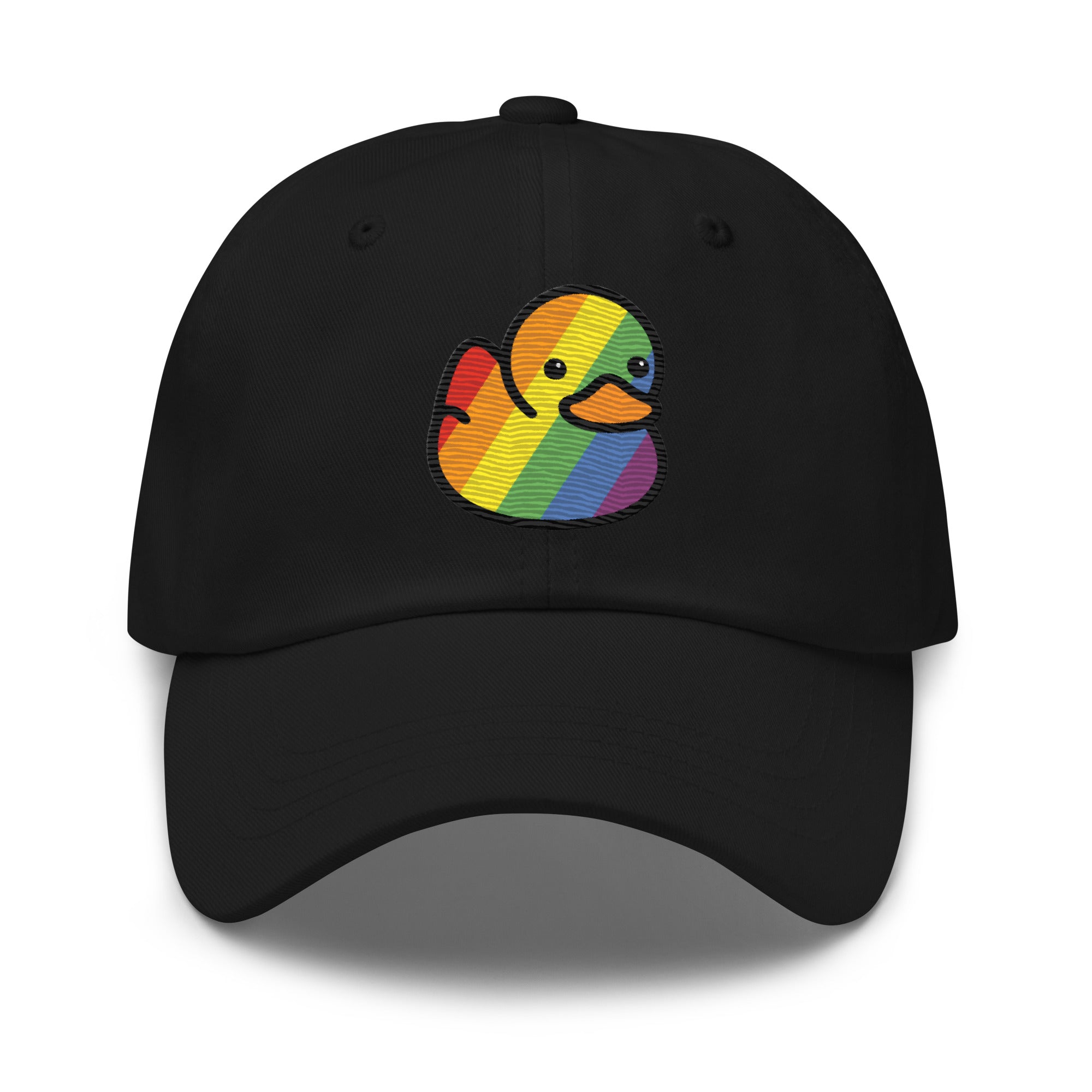 Introducing the Pride Duck Cap by Pridelity: a stylish black baseball cap adorned with an embroidered rainbow-patterned rubber duck, making it an ideal accessory for pride outfits. The vibrant design stands out beautifully against the solid black fabric, perfectly positioned at the center front of the cap.