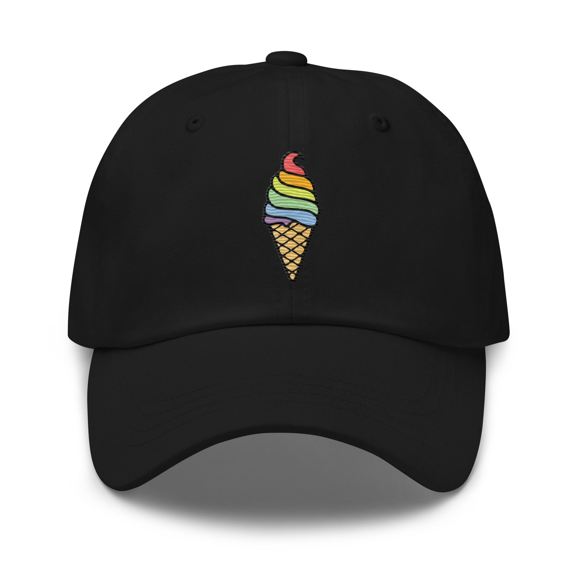 The Ice Cream Pride Cap by Pridelity is a black baseball cap featuring a vibrant embroidered ice cream cone with rainbow-colored swirls, making it an ideal accessory for pride outfits.