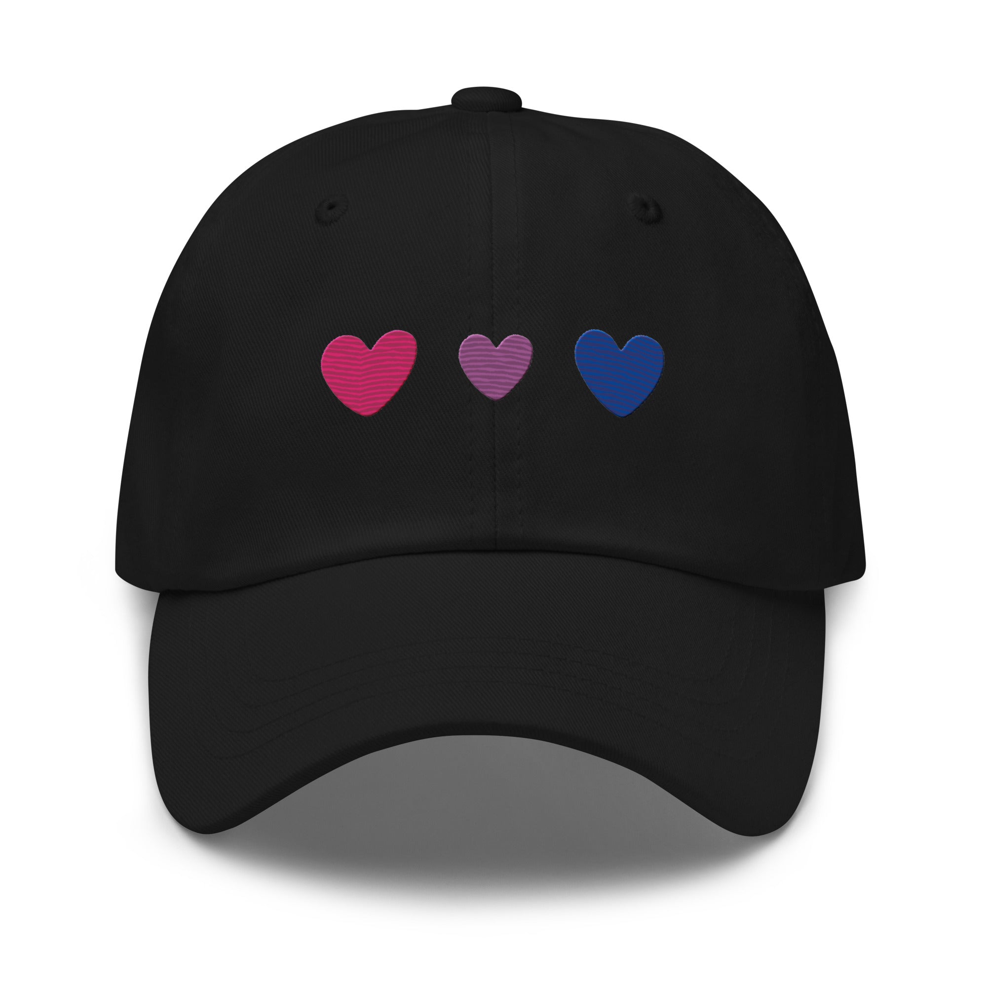 Introducing the Bisexual Hearts Cap by Pridelity, a black baseball cap from our Pride Collections featuring three embroidered hearts in a row on the front, colored pink, purple, and blue from left to right.