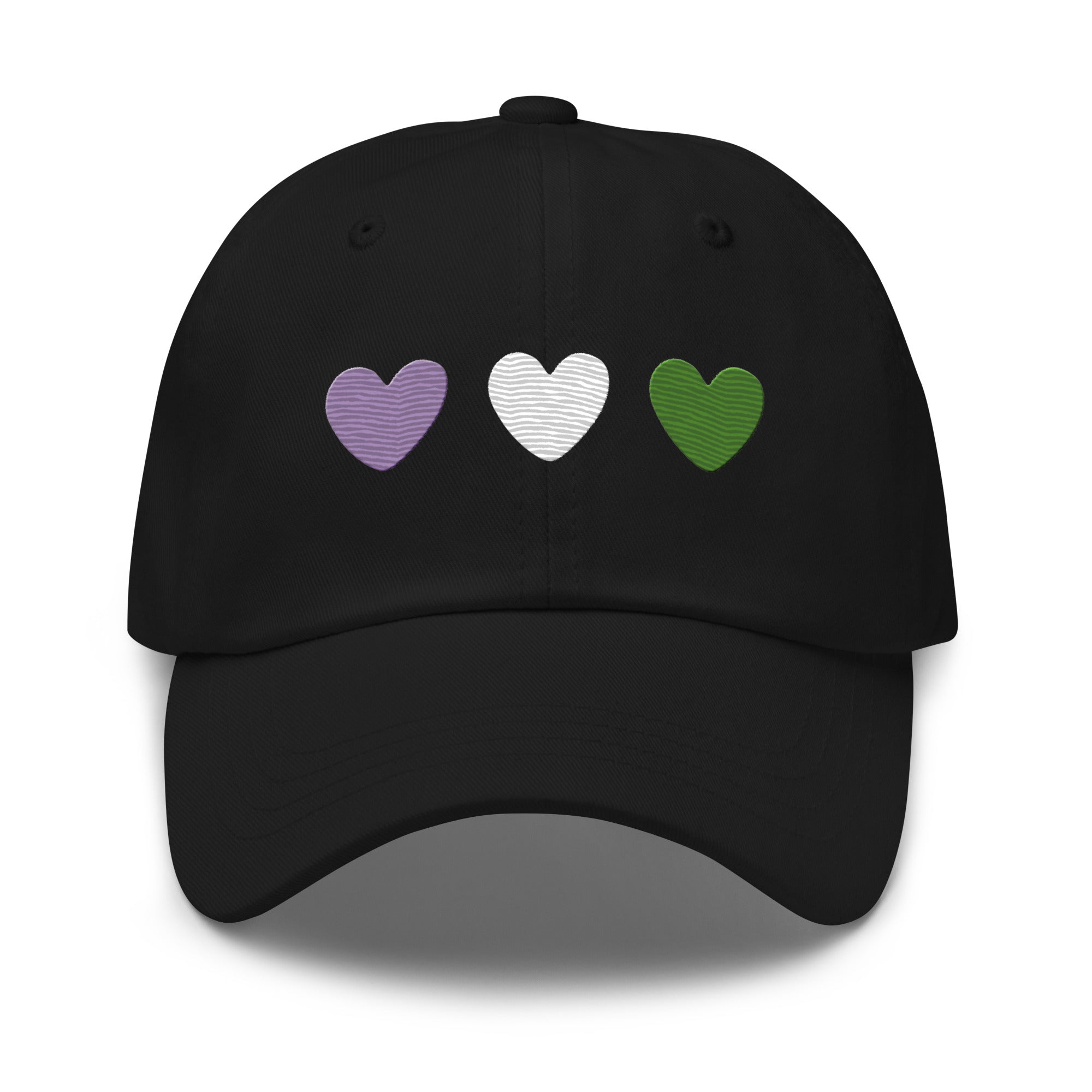 The Genderqueer Hearts Cap by Pridelity is a black baseball cap, ideal for pride outfits, featuring three heart designs embroidered on the front in purple, white, and green from left to right.