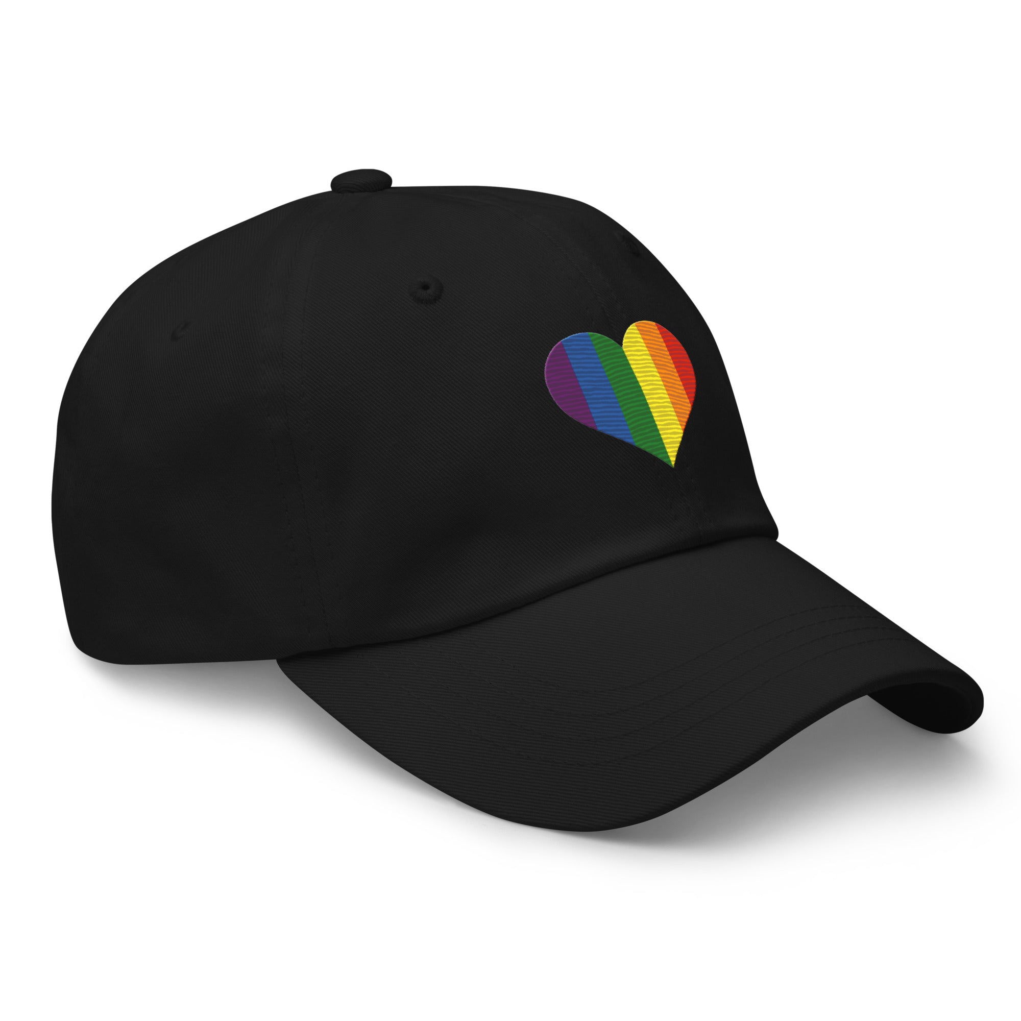 The Pride Heart Cap by Pridelity is a stylish black baseball cap adorned with a vibrant rainbow-colored heart design on the front, ideal for enhancing any pride outfit.