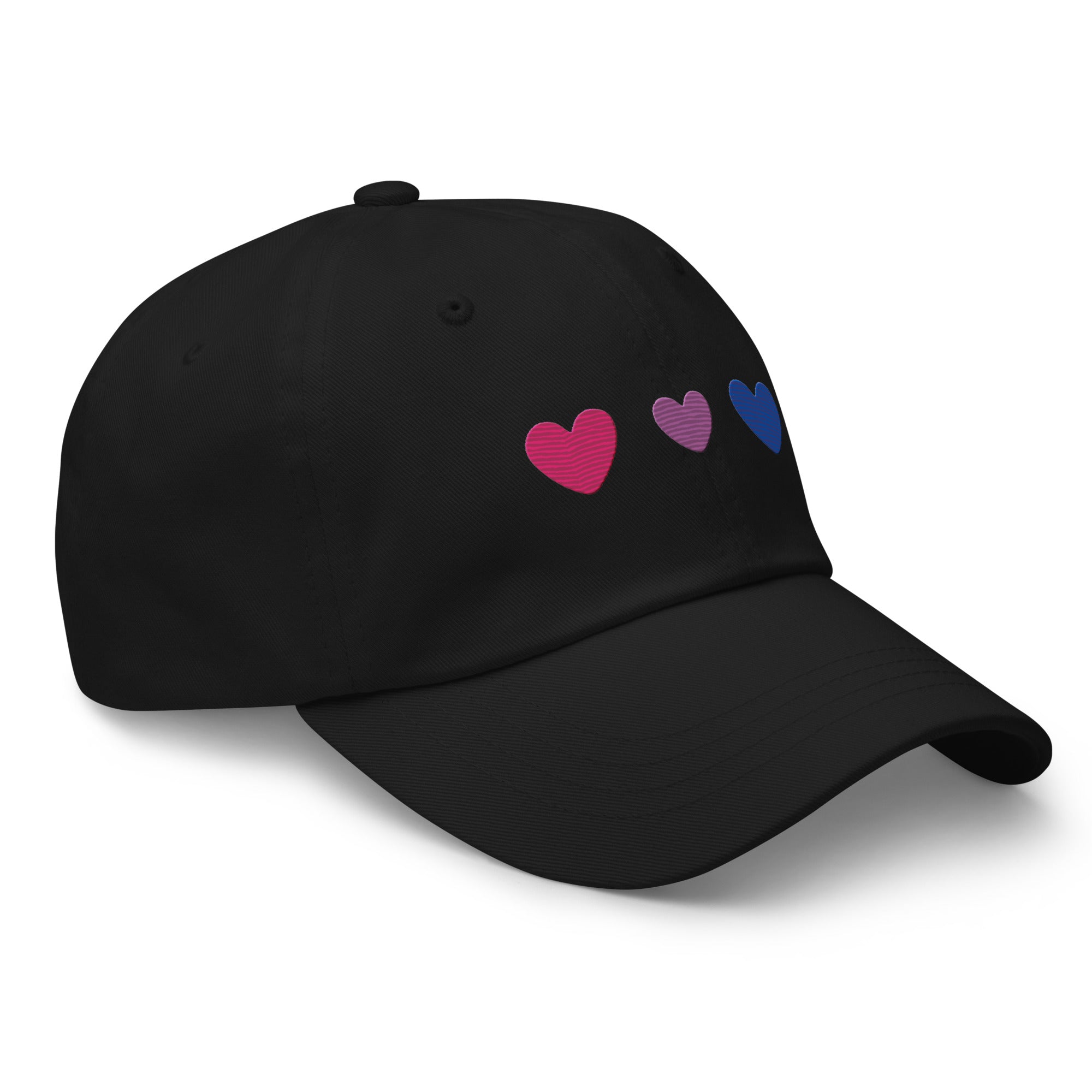 Introducing the Bisexual Hearts Cap by Pridelity, a black baseball cap from our Pride Collections featuring three embroidered hearts in a row on the front, colored pink, purple, and blue from left to right.