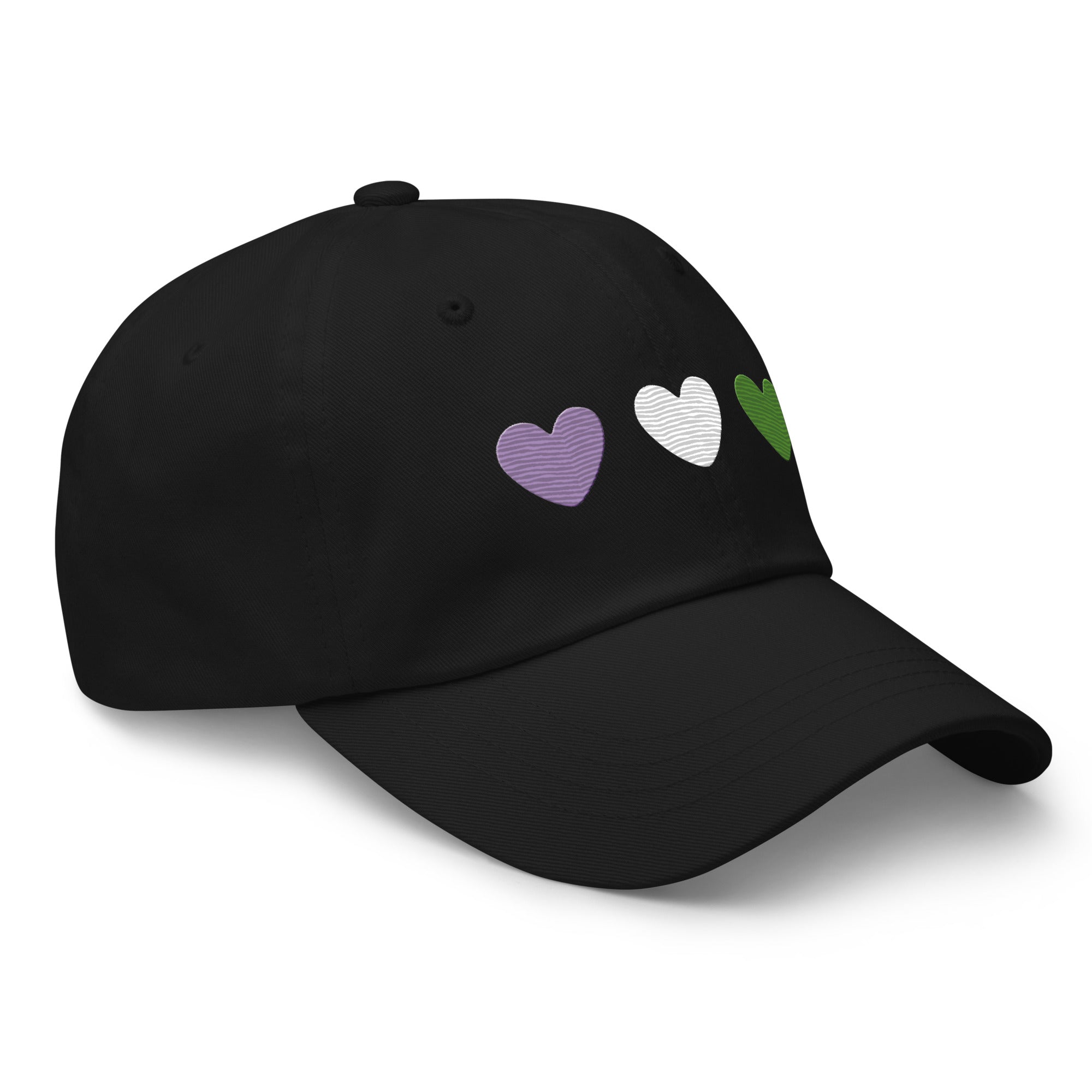 The Genderqueer Hearts Cap by Pridelity is a black baseball cap, ideal for pride outfits, featuring three heart designs embroidered on the front in purple, white, and green from left to right.