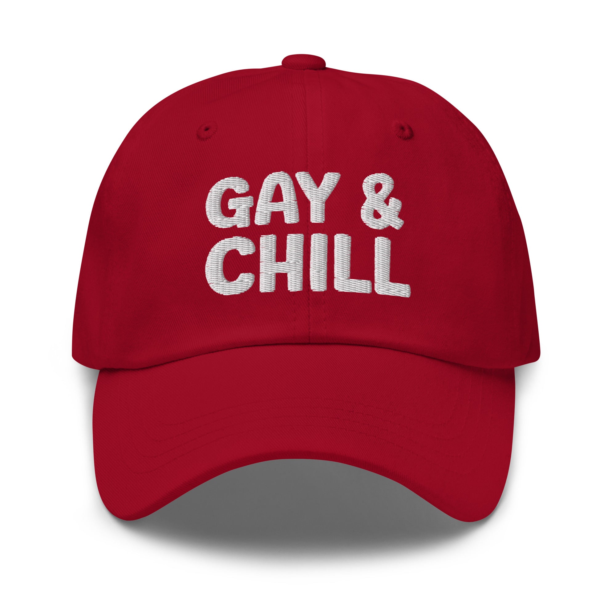 Introducing the Gay & Chill Cap by Pridelity, a black baseball cap ideal for pride outfits, featuring 