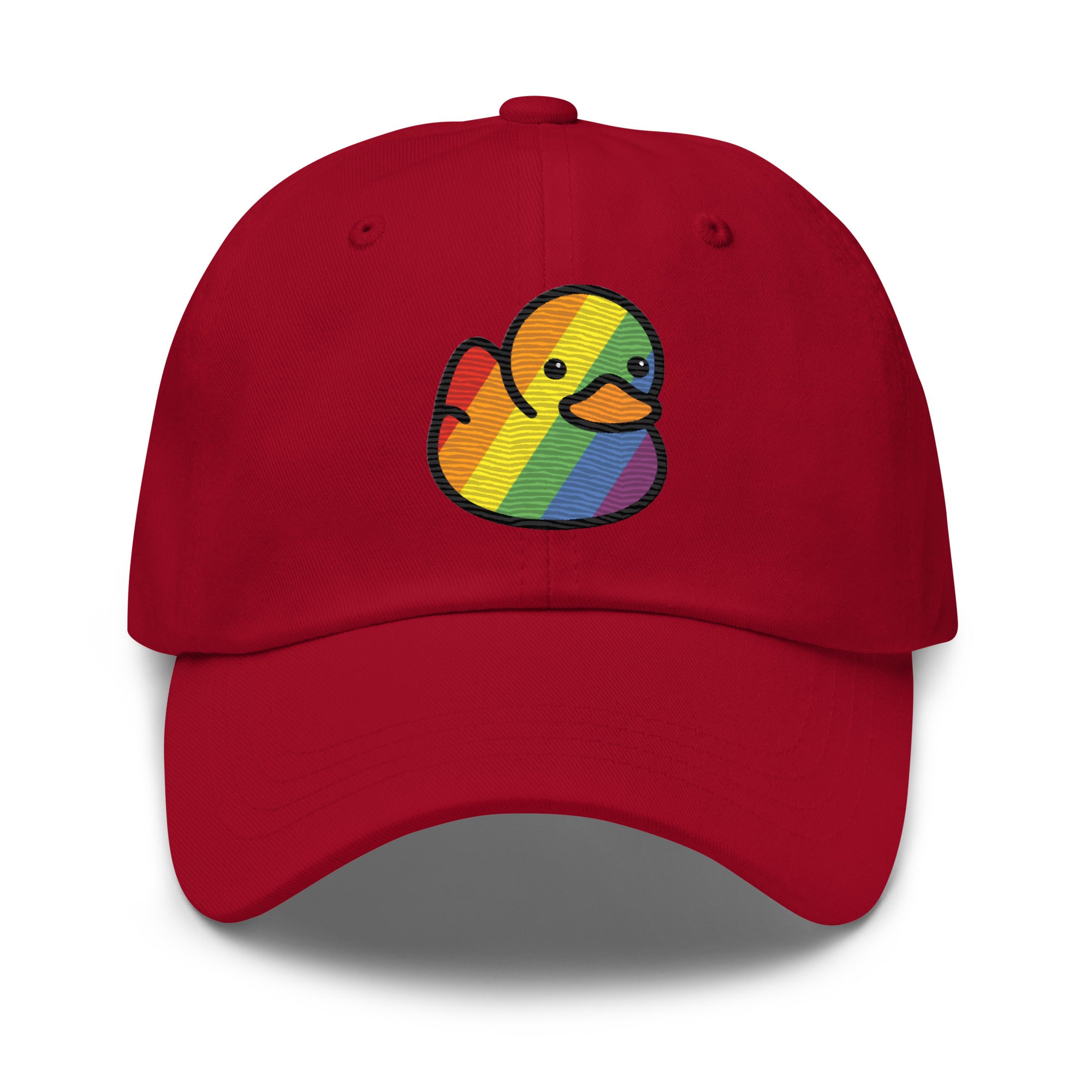 Introducing the Pride Duck Cap by Pridelity: a stylish black baseball cap adorned with an embroidered rainbow-patterned rubber duck, making it an ideal accessory for pride outfits. The vibrant design stands out beautifully against the solid black fabric, perfectly positioned at the center front of the cap.