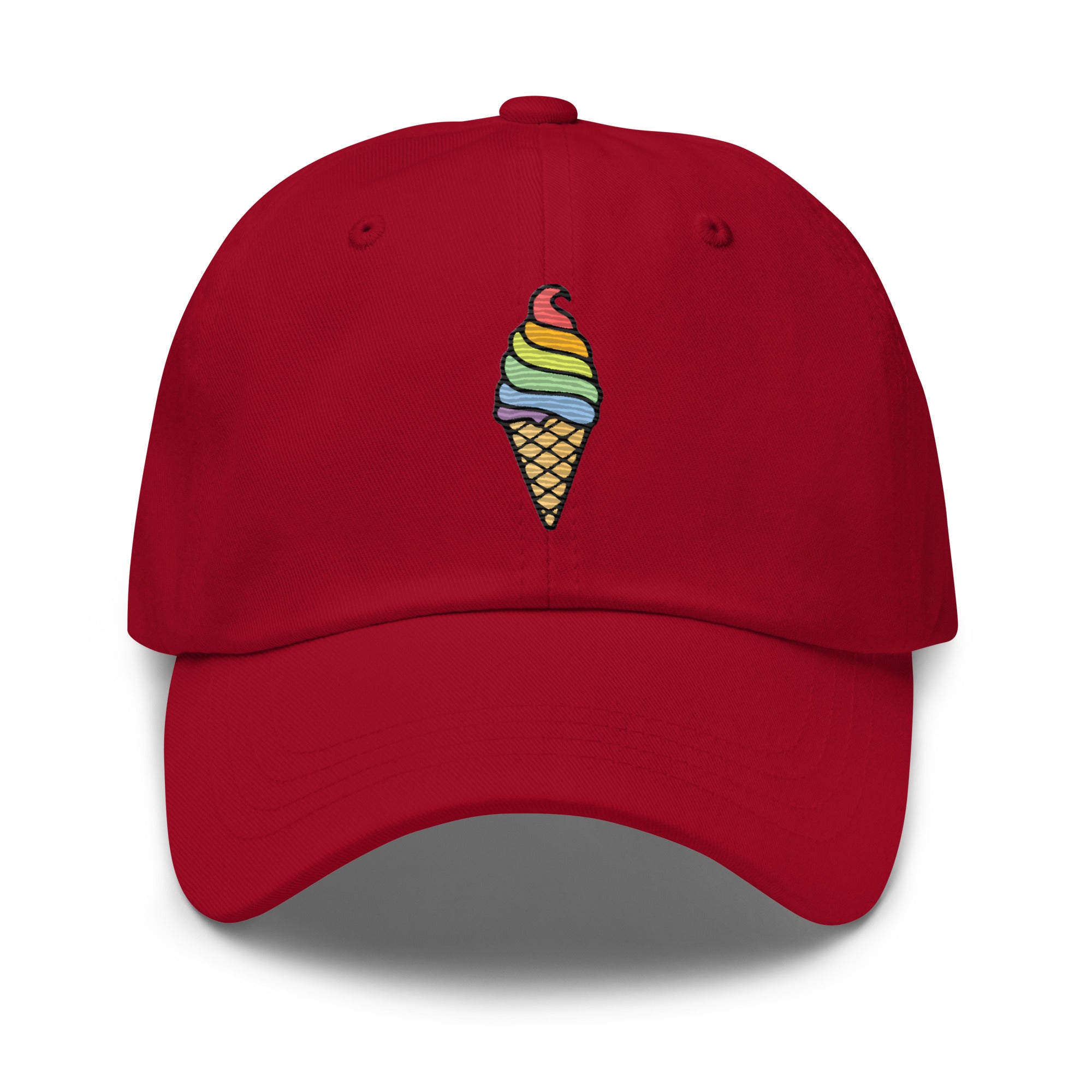 The Ice Cream Pride Cap by Pridelity is a black baseball cap featuring a vibrant embroidered ice cream cone with rainbow-colored swirls, making it an ideal accessory for pride outfits.