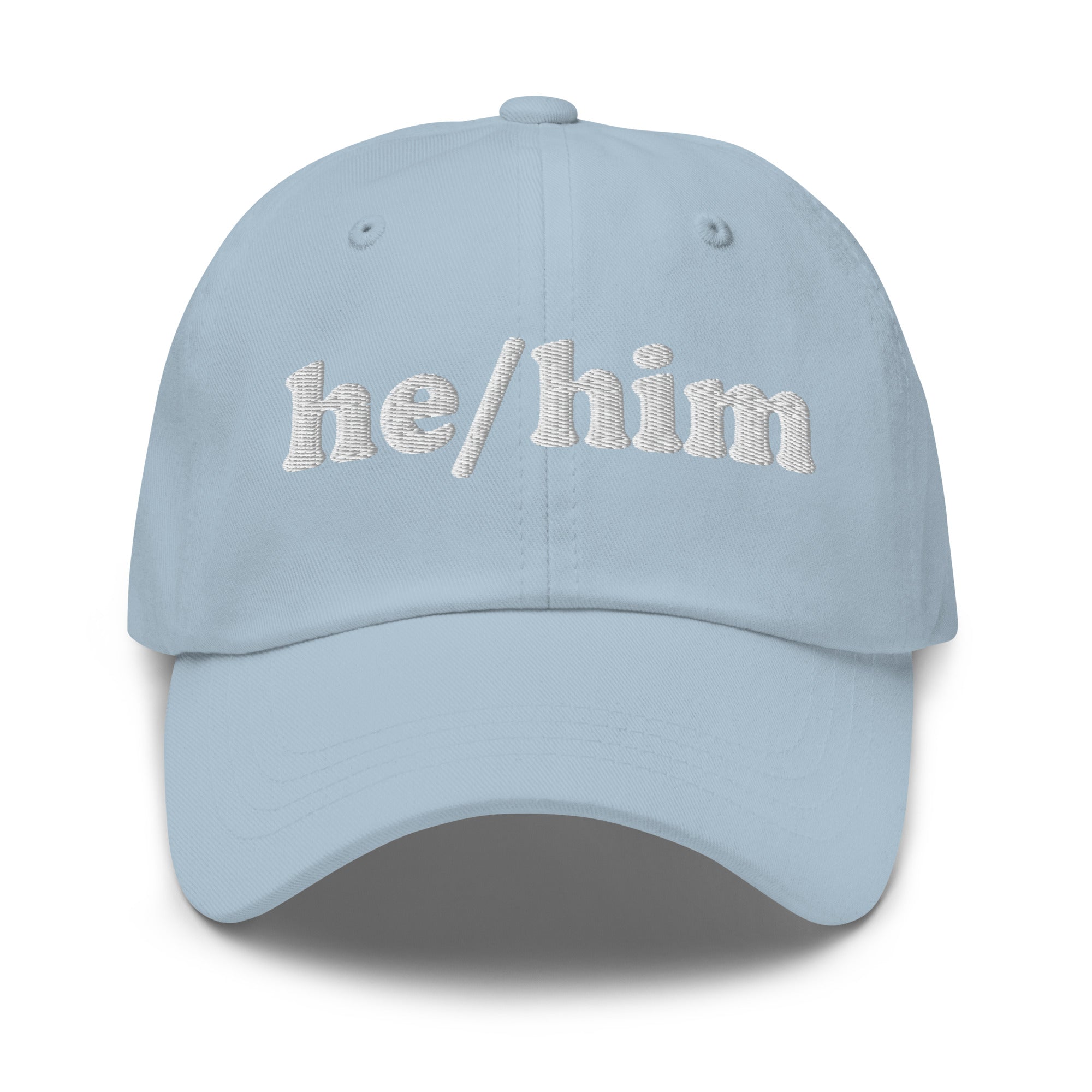 Introducing the He/Him Cap by Pridelity: A stylish black cap featuring 