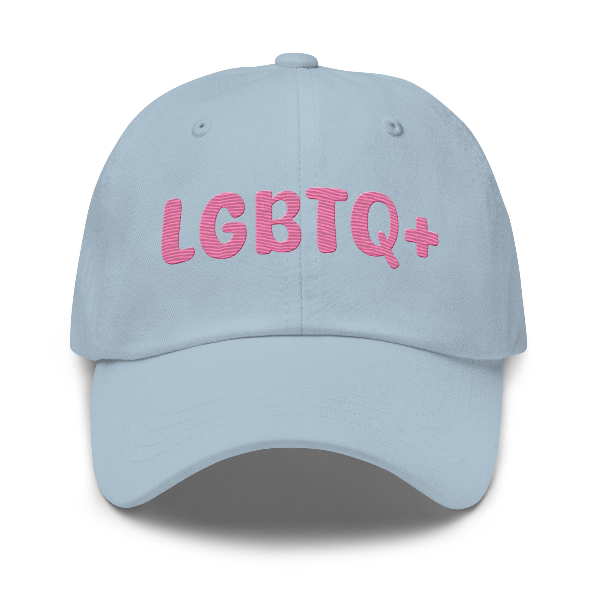 A white LGBTQ+ Cap by Pridelity, featuring pink lettering on the front, is perfect for enhancing pride outfits.