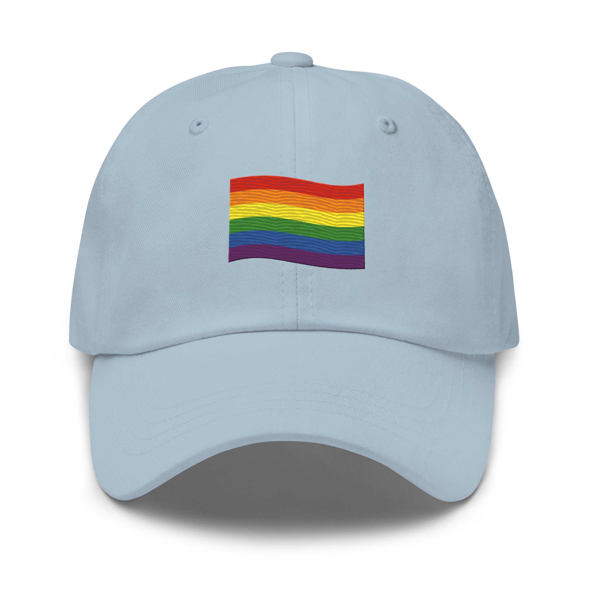 Introducing the Pridelity Pride Flag Cap, a sleek black design featuring a small rainbow flag emblem on the front. It's ideal for adding a touch of pride to your outfits, with the flag's horizontal stripes in red, orange, yellow, green, blue, and purple elegantly representing diversity and inclusion.