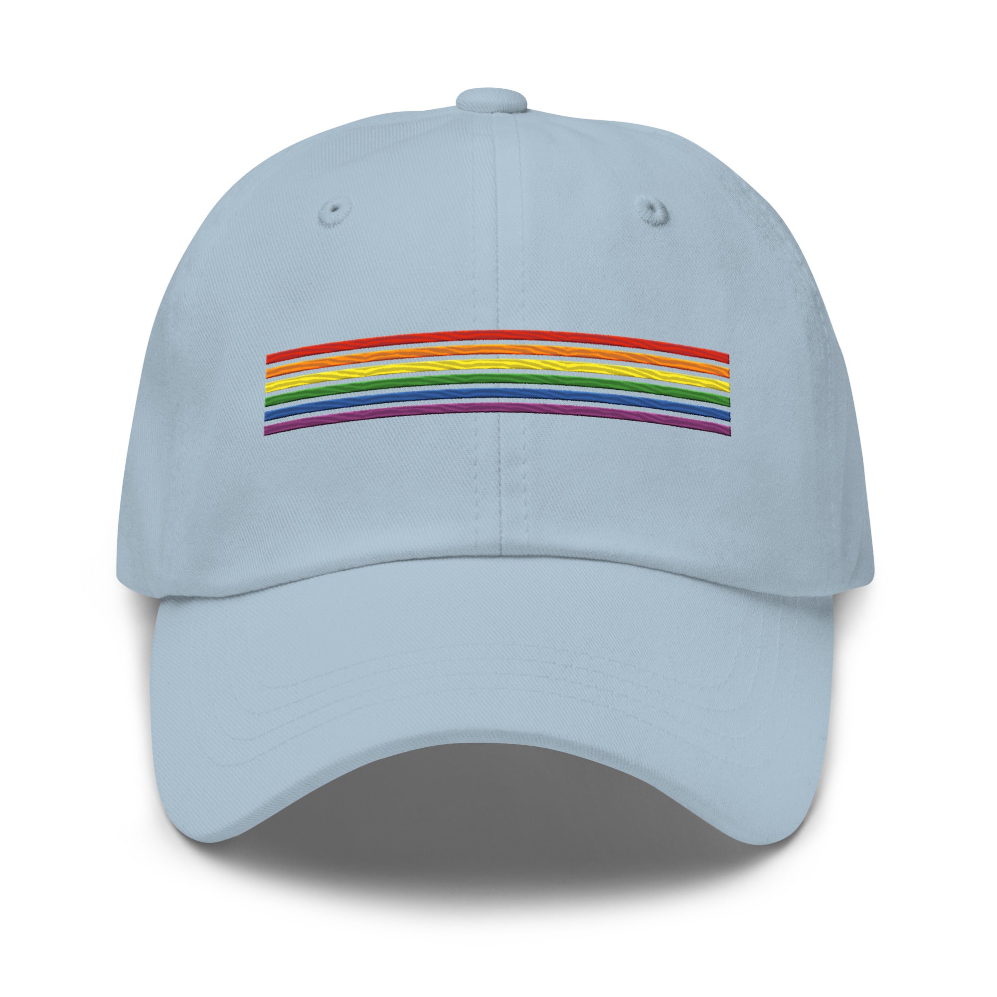 Introducing the Rainbow Stripes Cap by Pridelity: a black baseball cap adorned with a horizontal rainbow stripe, perfect for pride outfits. The vibrant colors pop against the dark fabric, making it a standout piece. Set against a white background, this cap is the ideal accessory to celebrate inclusivity and style.