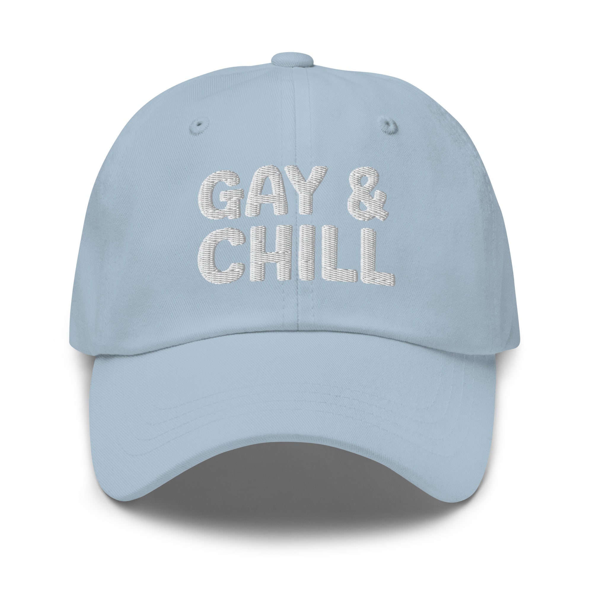 Introducing the Gay & Chill Cap by Pridelity, a black baseball cap ideal for pride outfits, featuring 