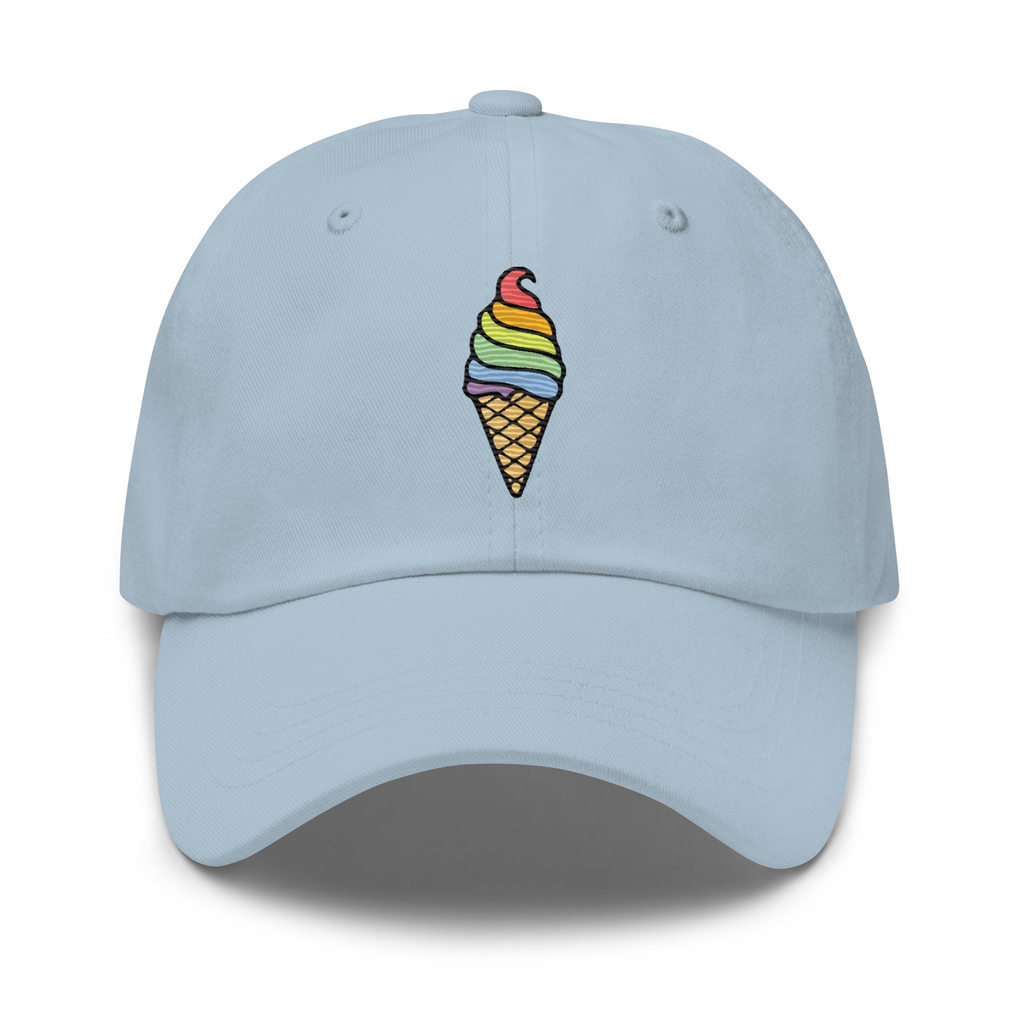 The Ice Cream Pride Cap by Pridelity is a black baseball cap featuring a vibrant embroidered ice cream cone with rainbow-colored swirls, making it an ideal accessory for pride outfits.