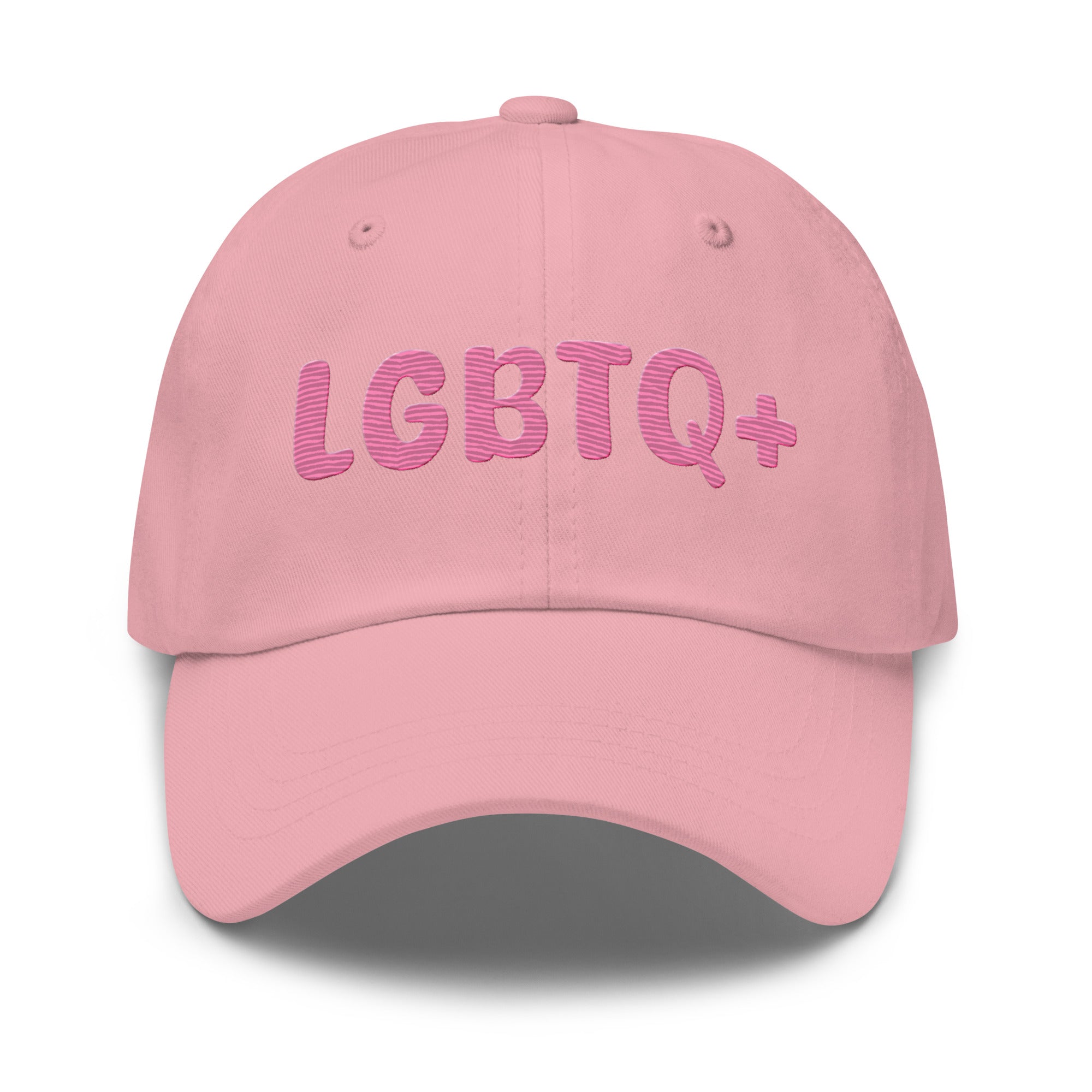 A white LGBTQ+ Cap by Pridelity, featuring pink lettering on the front, is perfect for enhancing pride outfits.